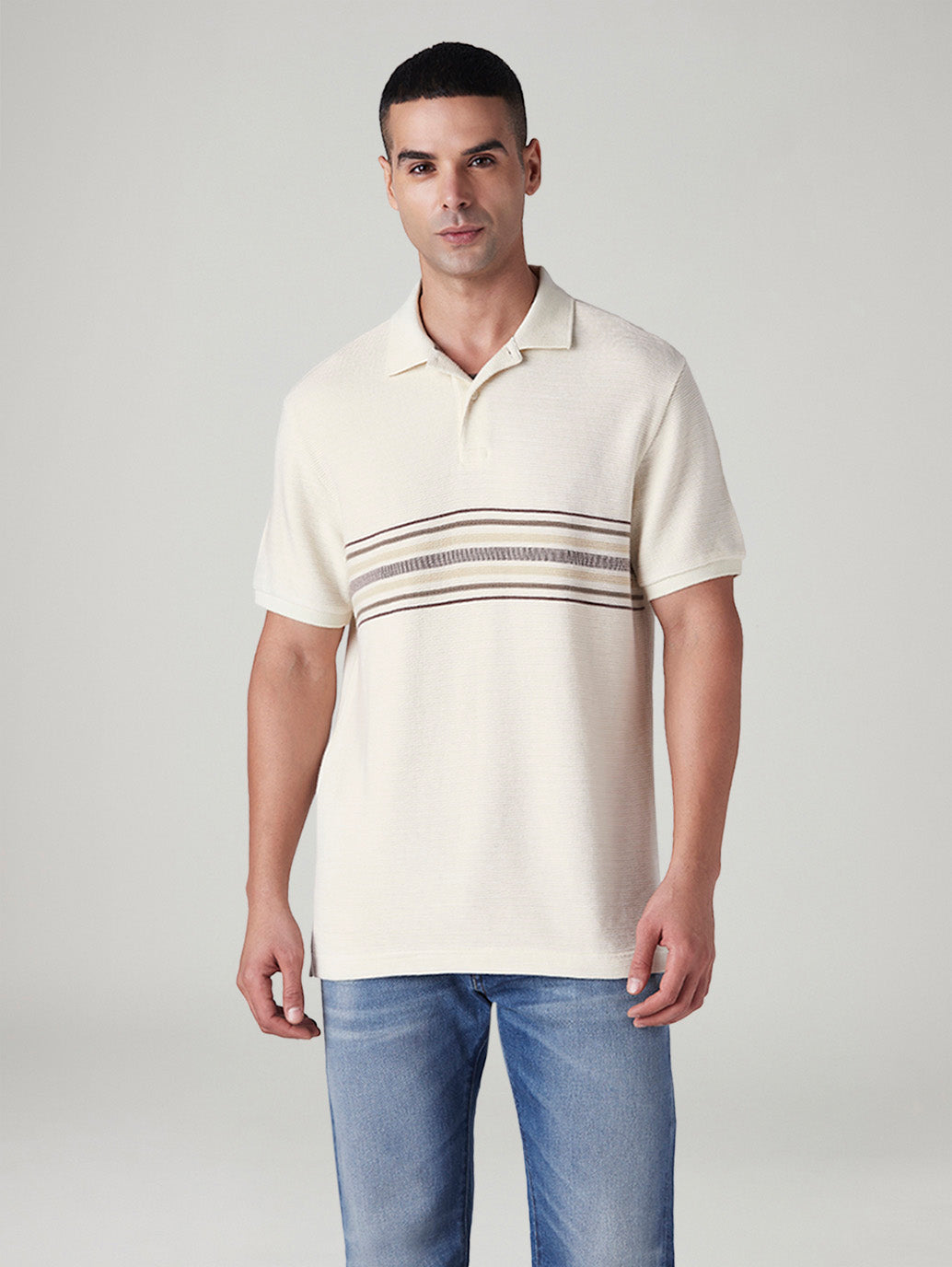 Men's Striped Off White Polo T-shirt - Front View