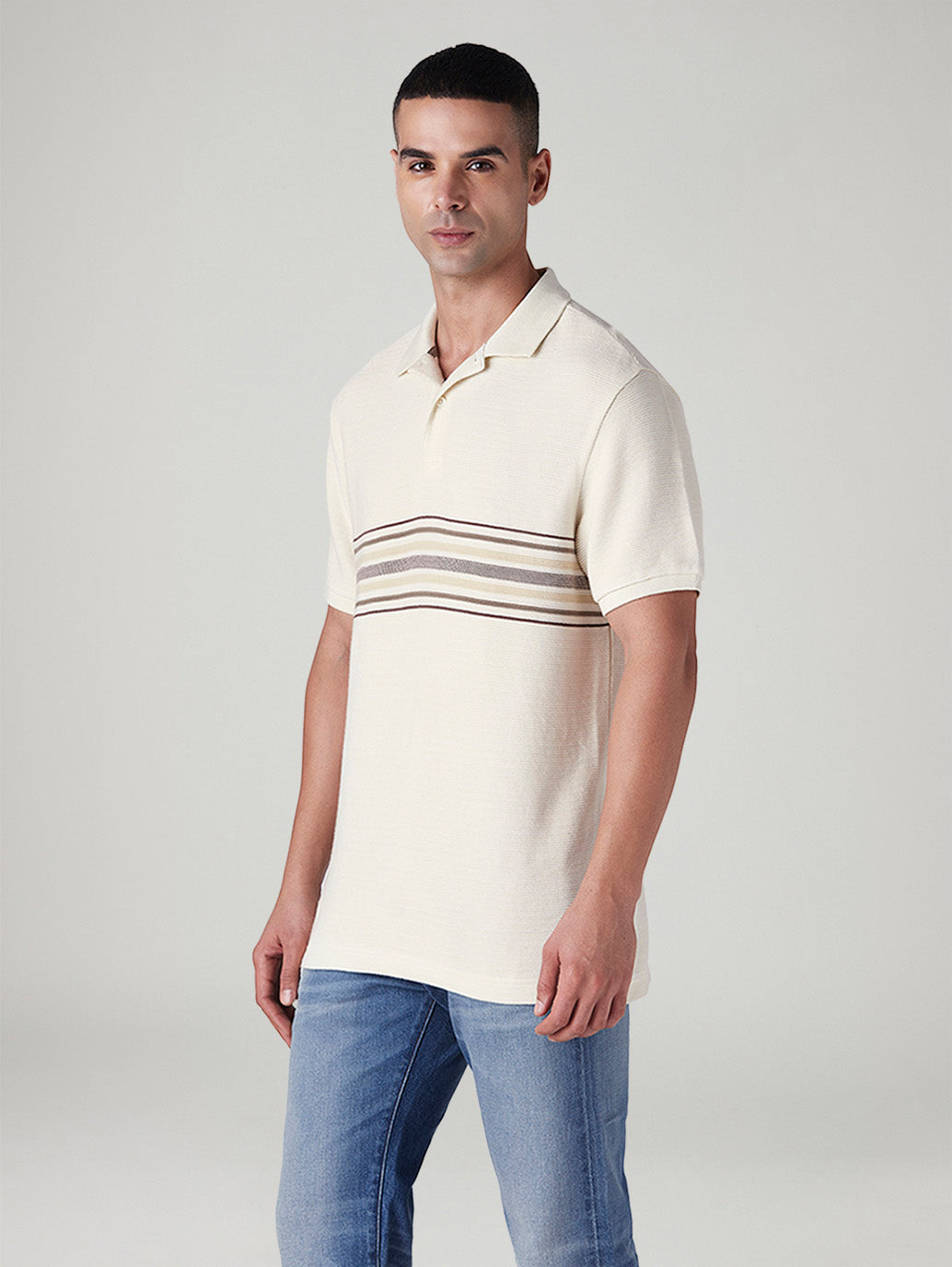 Men's Striped Off White Polo T-shirt - Side View