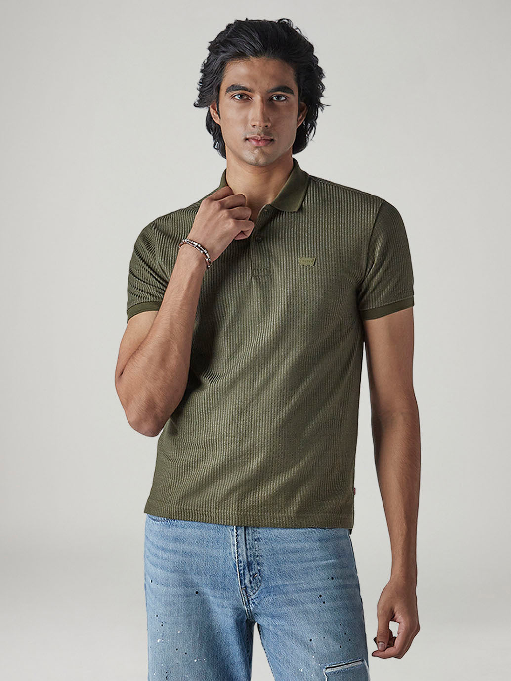 Men's Textured Olive Ribbed Polo T-shirt