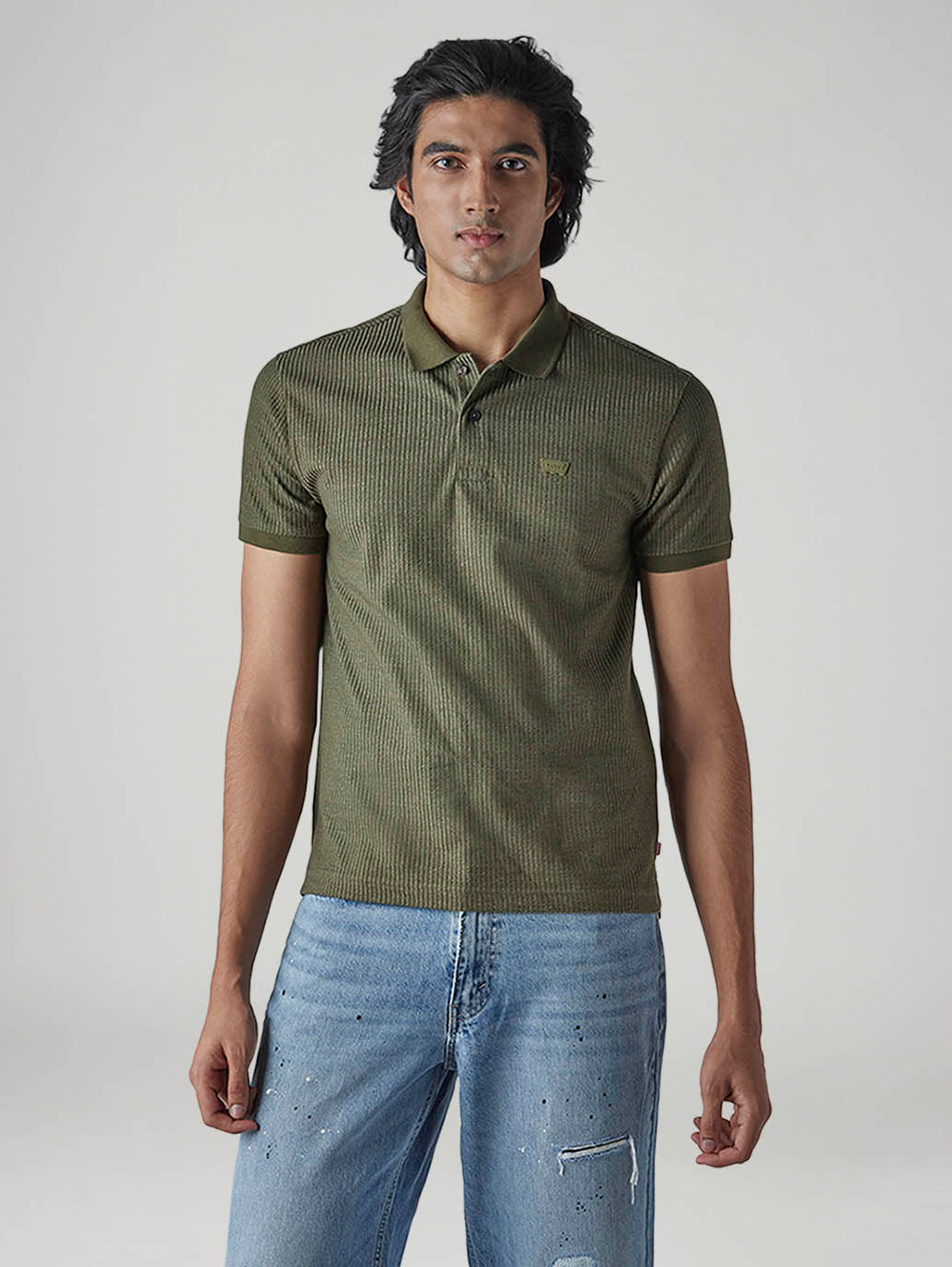 Men's Textured Olive Ribbed Polo T-shirt - 20 View