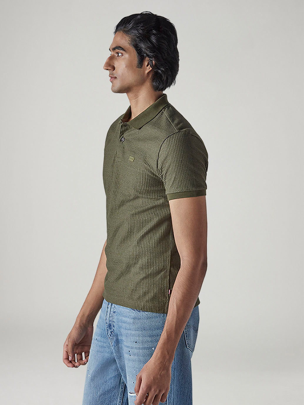 Men's Textured Olive Ribbed Polo T-shirt - 20 View