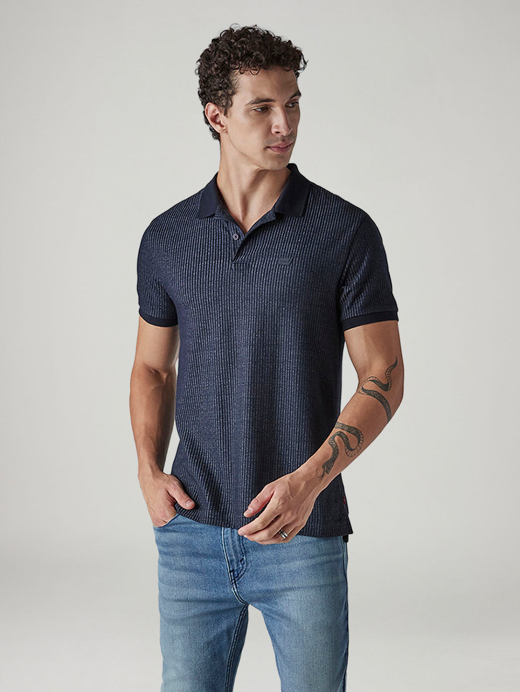 Men's Textured Dark Indigo Ribbed Polo T-shirt