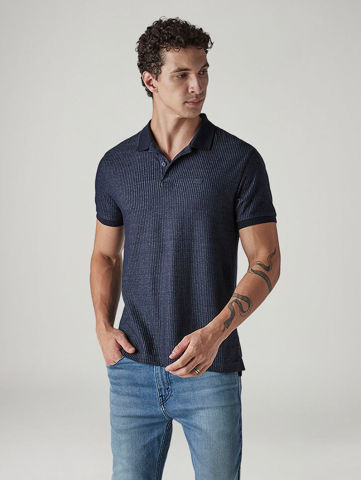 Men's Textured Dark Indigo Ribbed Polo T-shirt