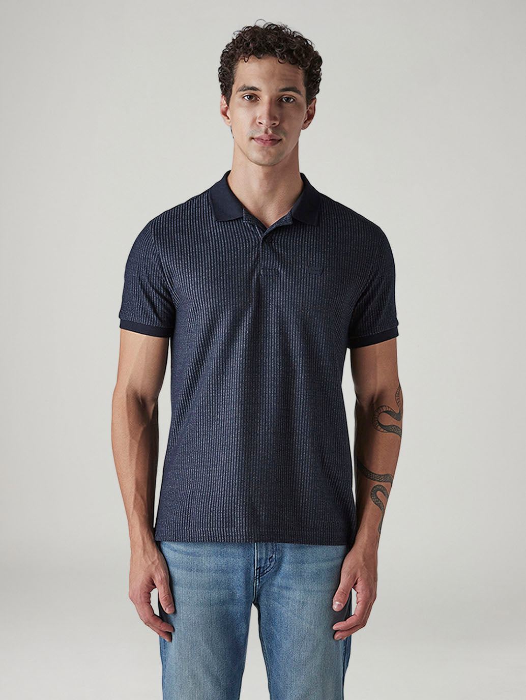 Men's Textured Dark Indigo Ribbed Polo T-shirt - 20 View