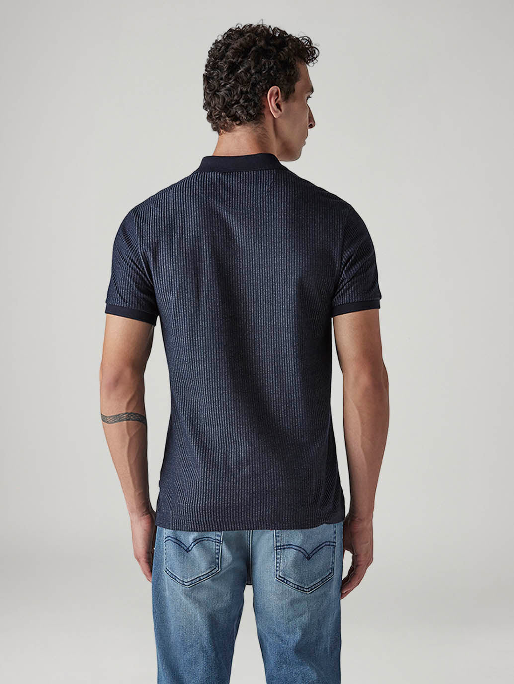 Men's Textured Dark Indigo Ribbed Polo T-shirt - 20 View