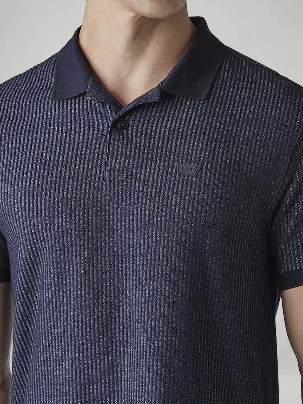 Men's Textured Dark Indigo Ribbed Polo T-shirt - 20 View