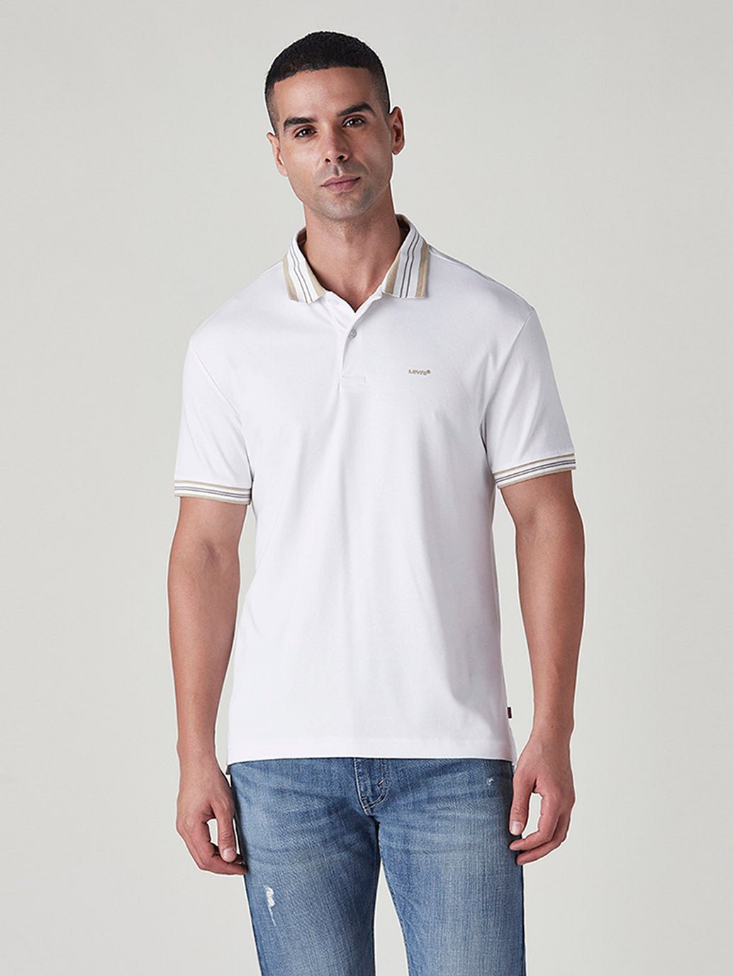 Men's Solid White Interlock Polo T shirt - Front View
