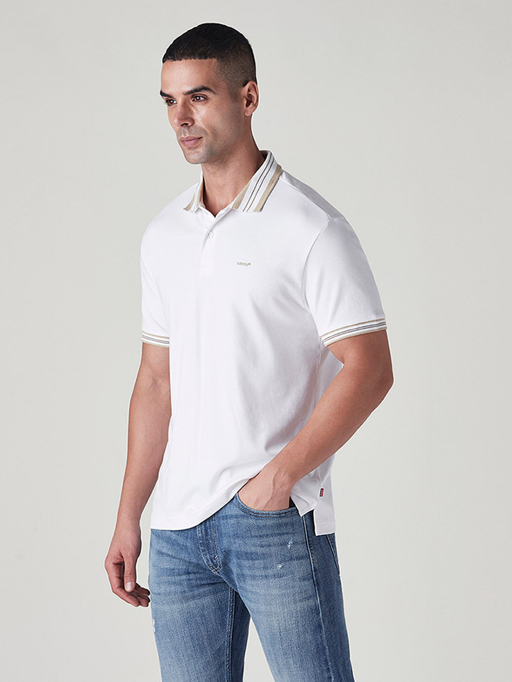 Men's Solid White Interlock Polo T shirt - Side View