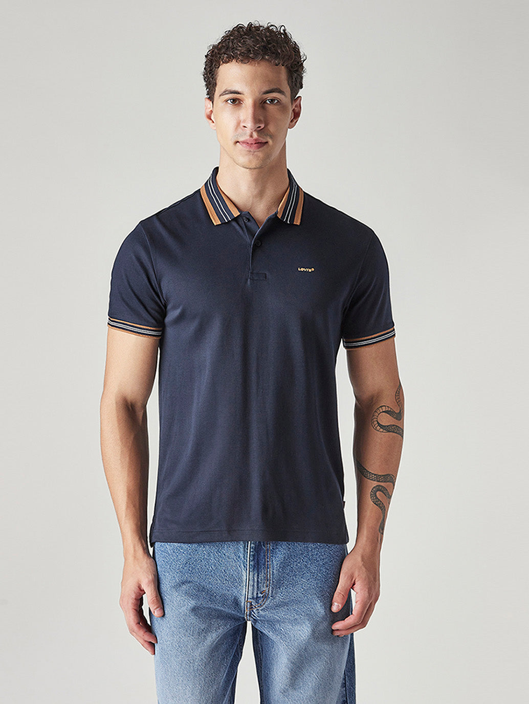 Men's Solid Navy Interlock Polo T-shirt - Front View