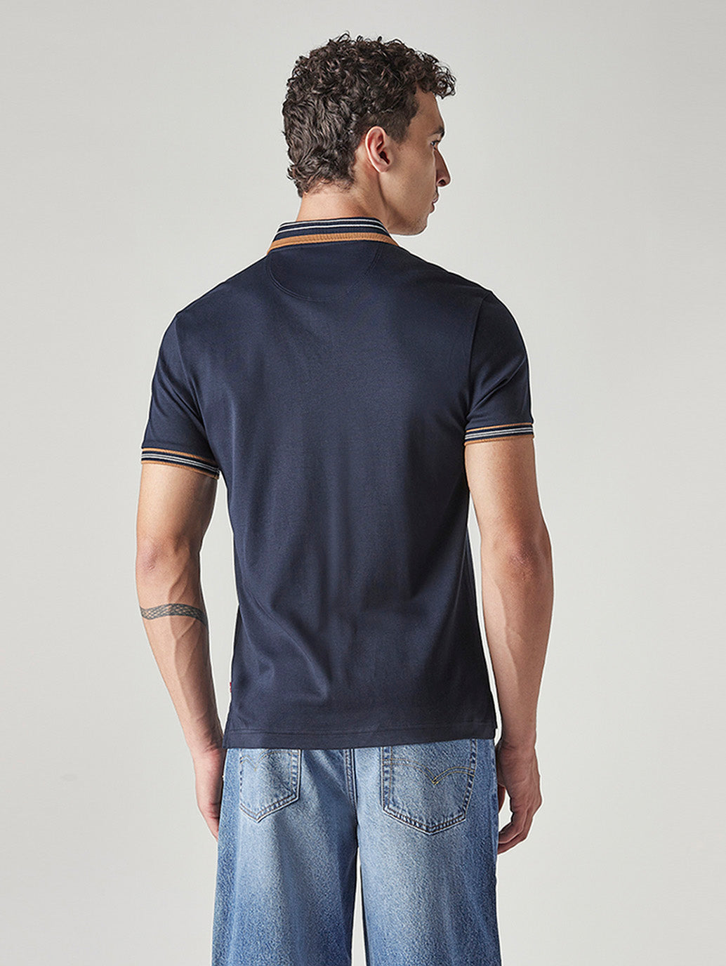 Men's Solid Navy Interlock Polo T-shirt - Back View