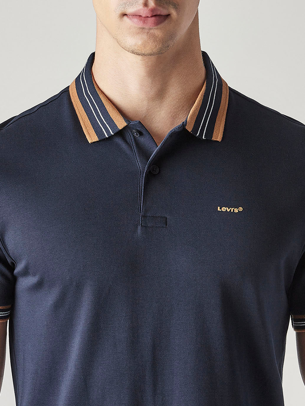 Men's Solid Navy Interlock Polo T-shirt - Detail View