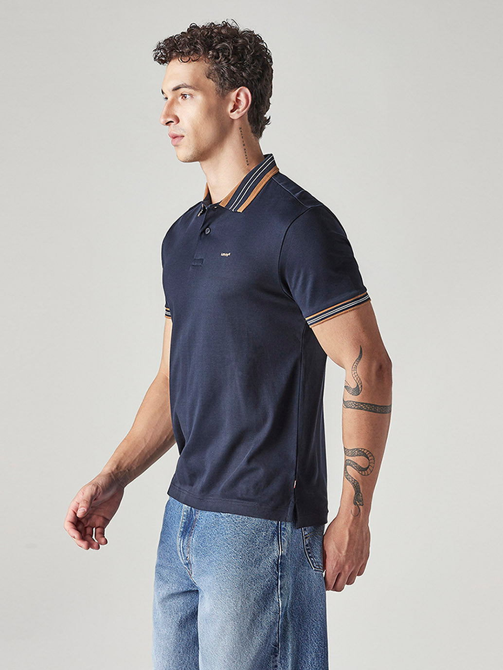 Men's Solid Navy Interlock Polo T-shirt - Side View