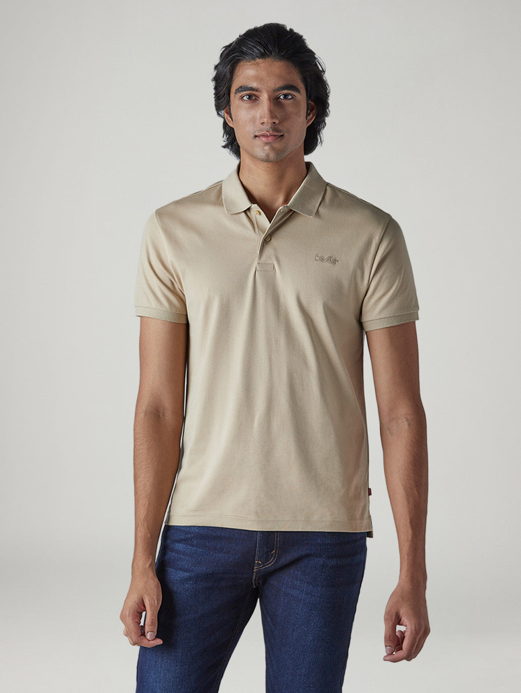 Men's Solid Beige Interlock Polo T-Shirt - Front View