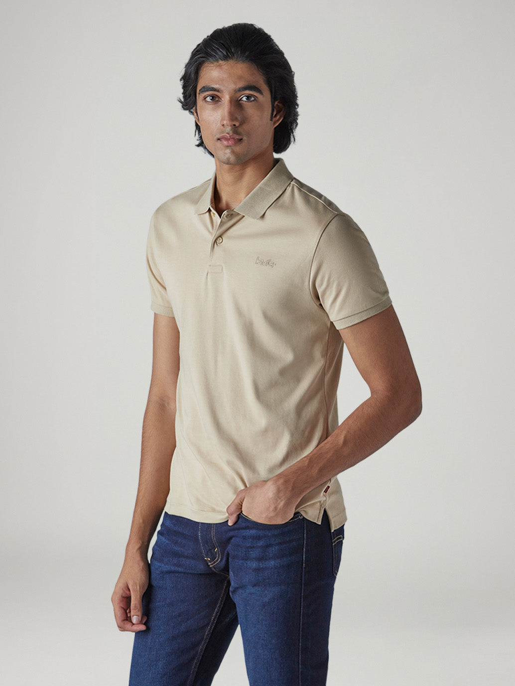 Men's Solid Beige Interlock Polo T-Shirt - Side View