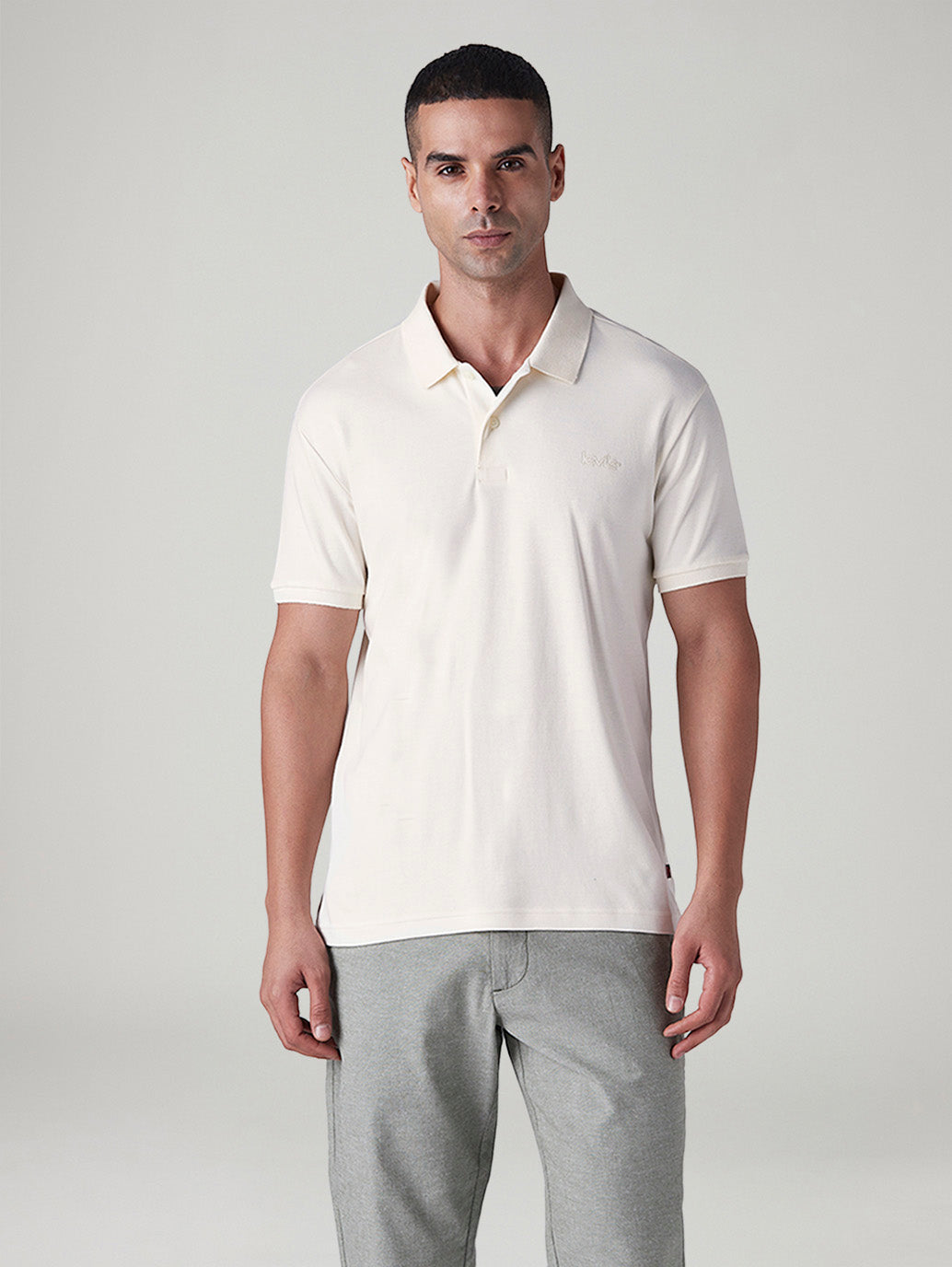 Men's Solid Off White Interlock Polo T shirt - Front View