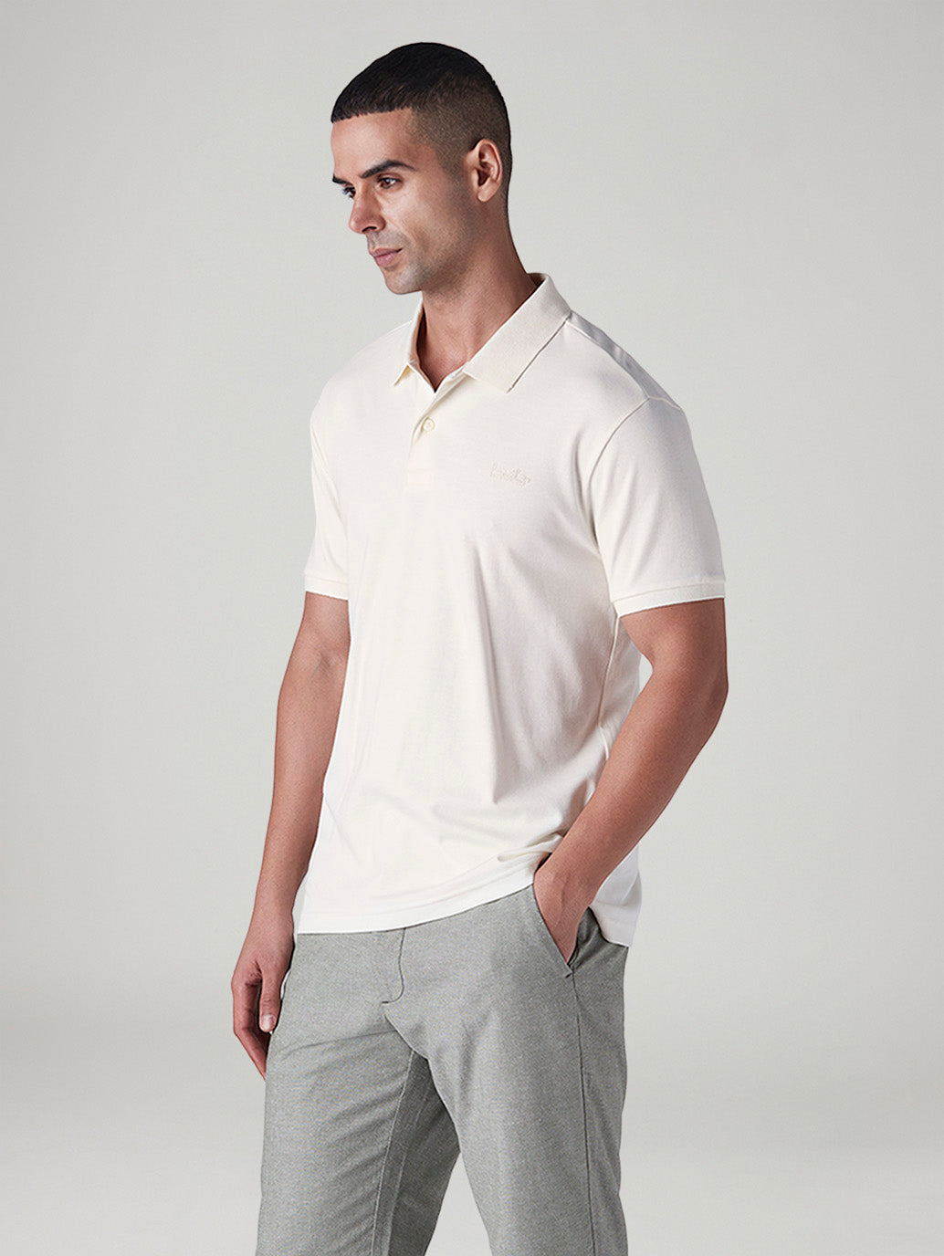 Men's Solid Off White Interlock Polo T shirt - Side View