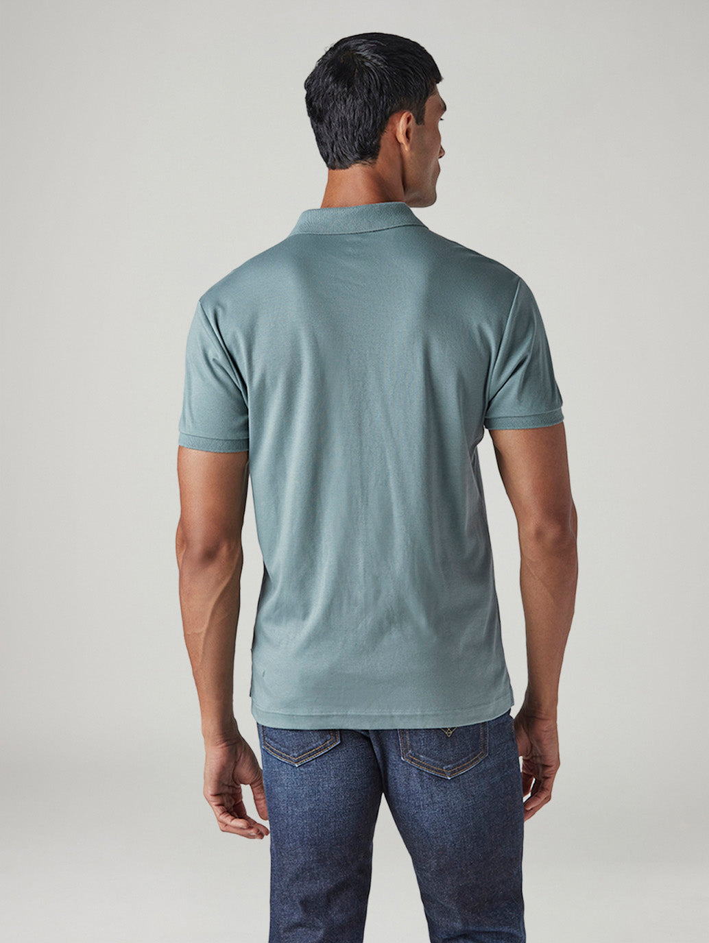 Men's Solid Blue Interlock Polo T-shirt - Back View