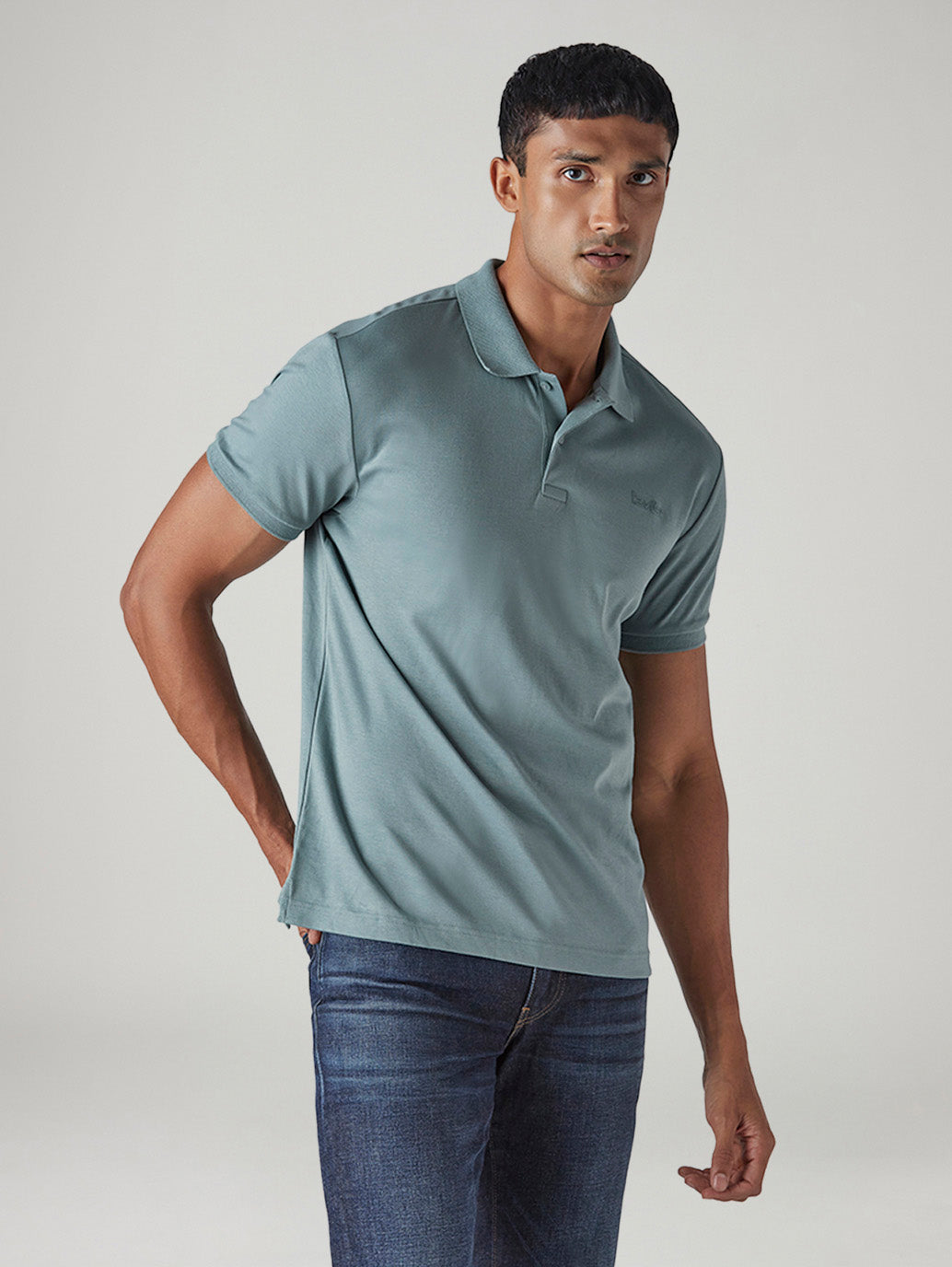 Men's Solid Blue Interlock Polo T-shirt - Side View