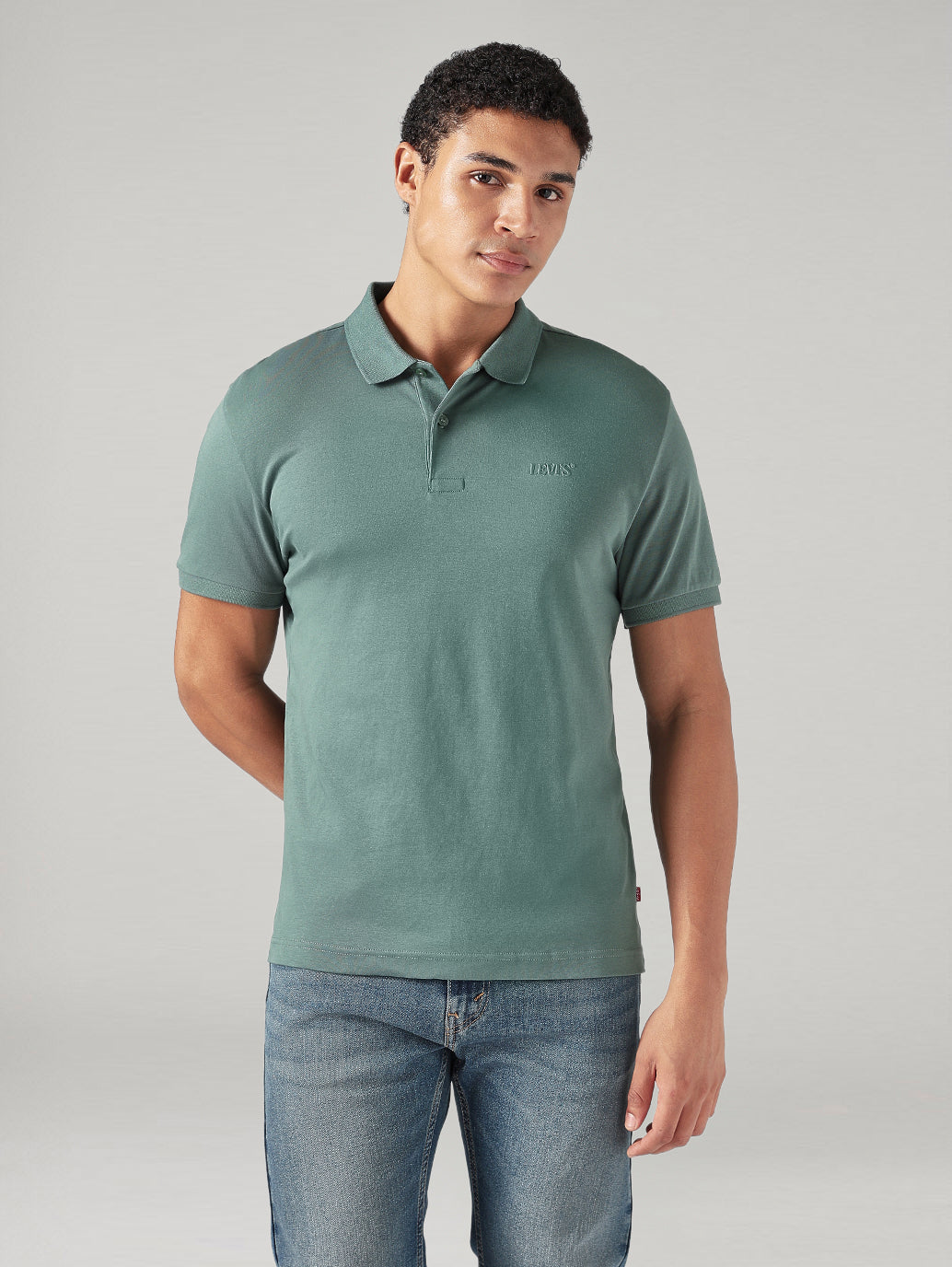 Men's Solid Sage Interlock Polo T-shirt - Front View