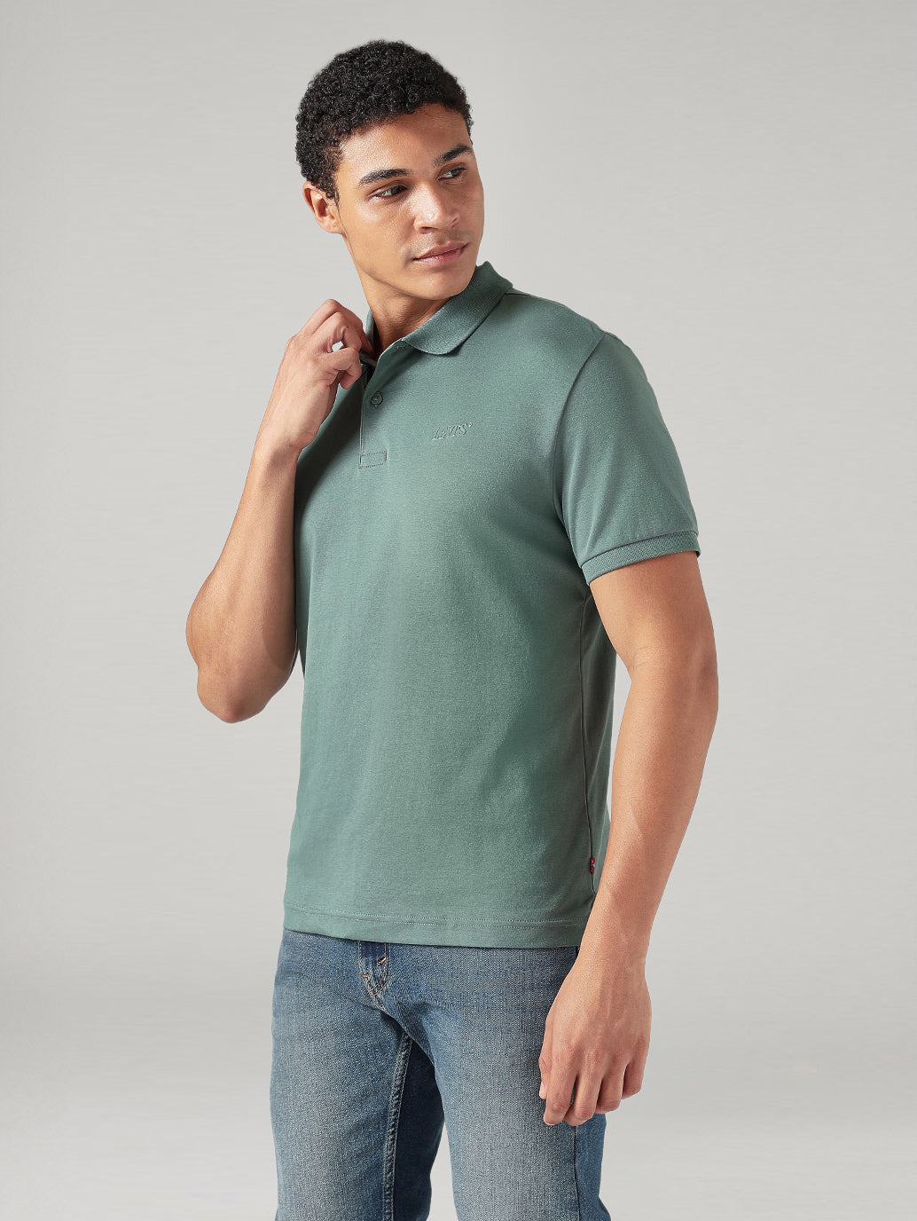 Men's Solid Sage Interlock Polo T-shirt - SIde View