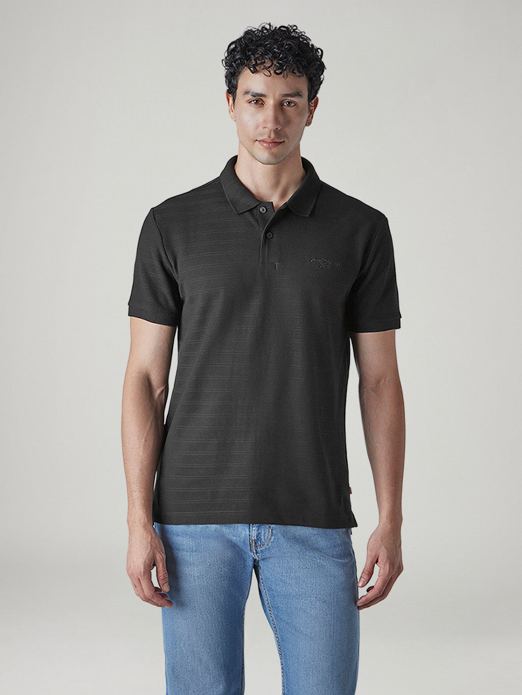 Men's Striped Black Jersey Polo T-shirt - Front View