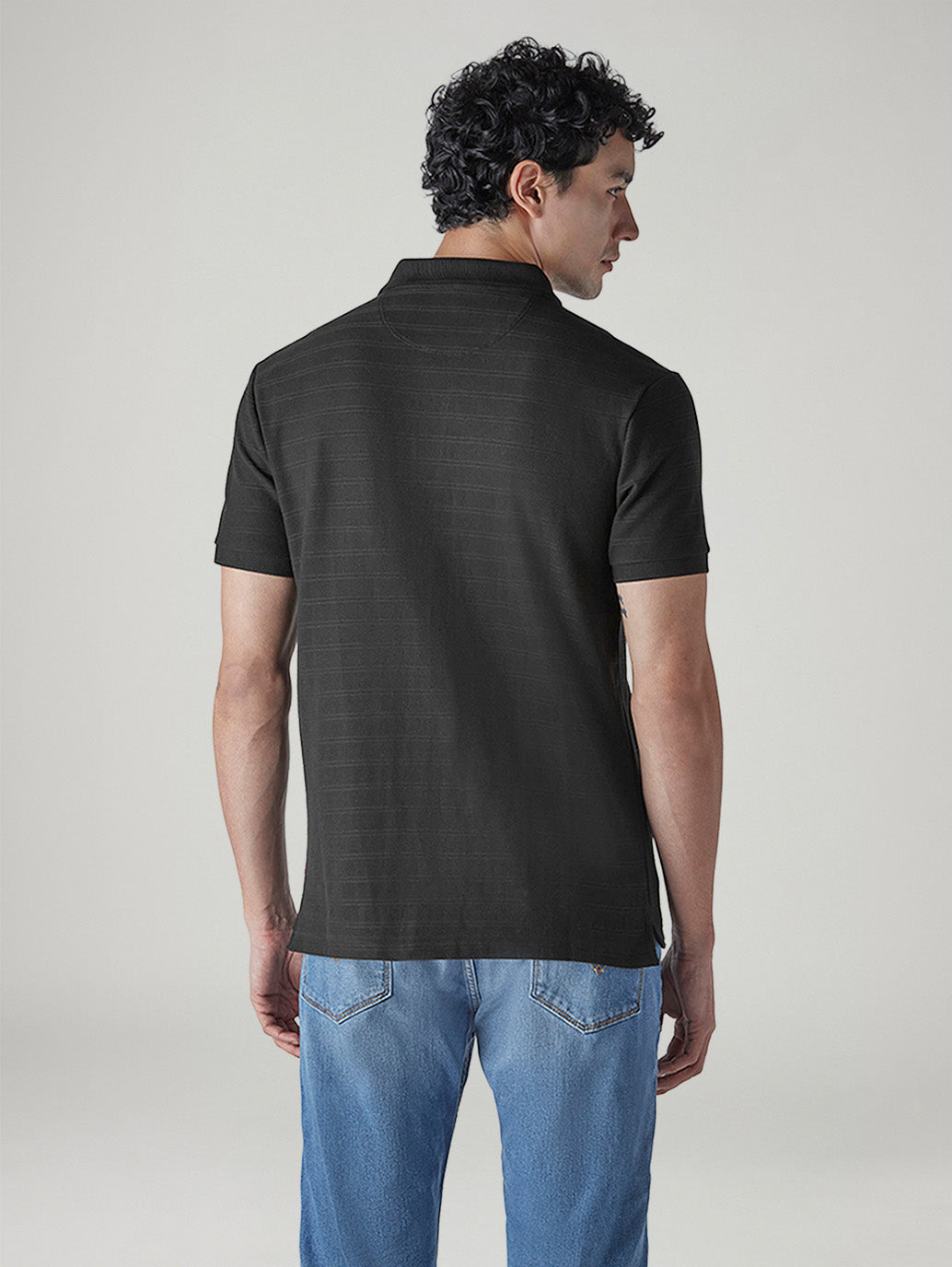 Men's Striped Black Jersey Polo T-shirt - Back View
