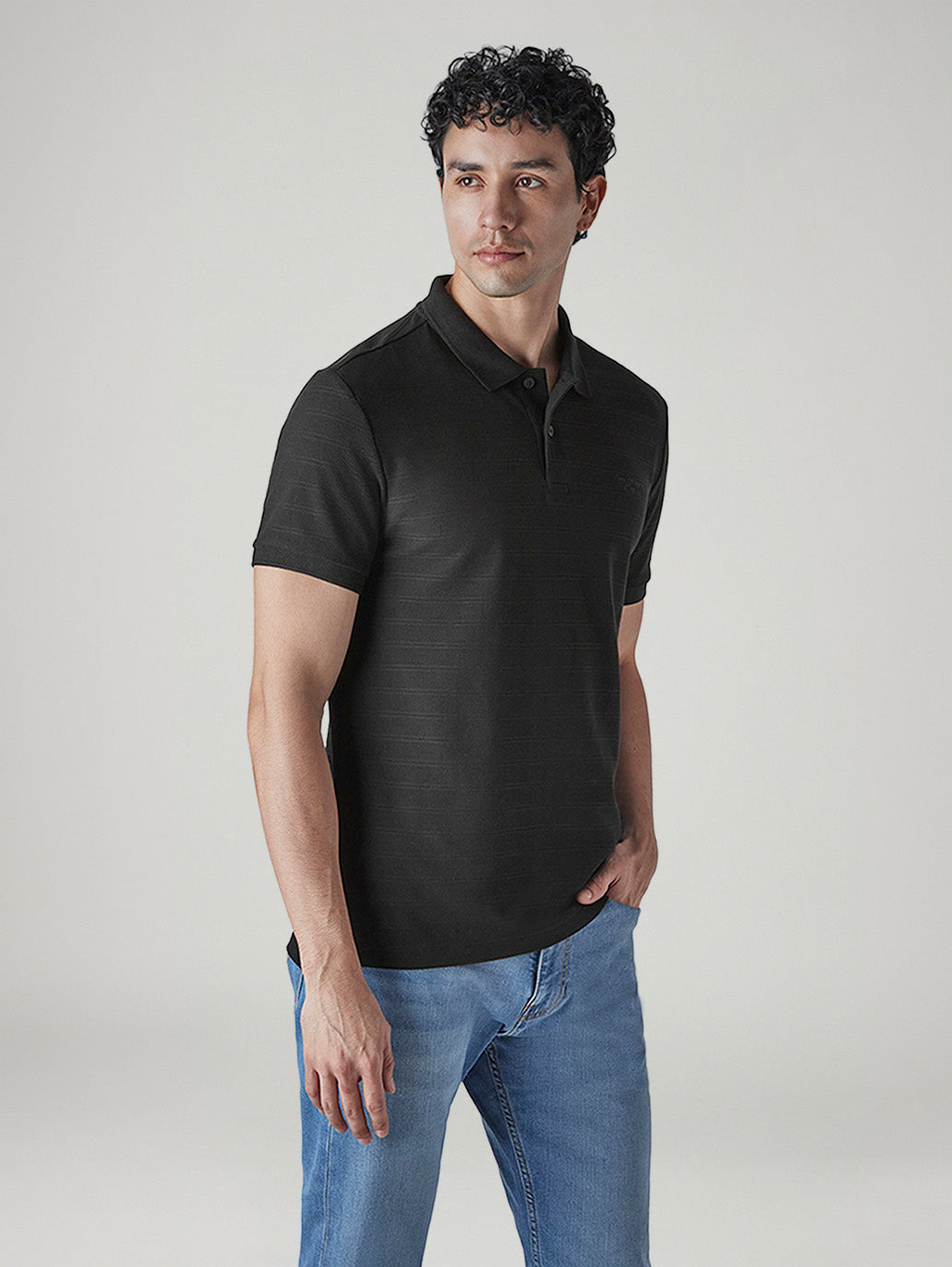 Men's Striped Black Jersey Polo T-shirt - Side View