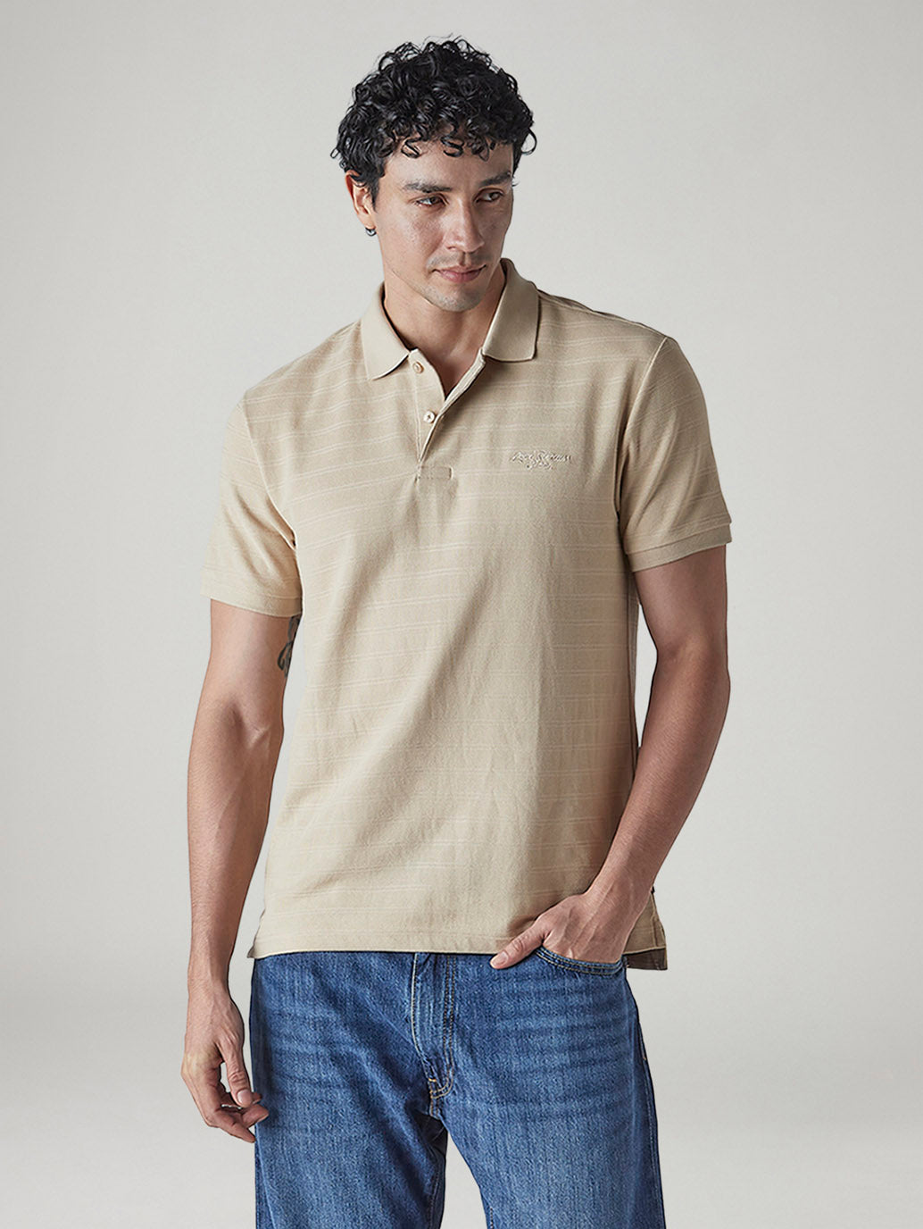 Men's Striped Beige Jersey Polo T-shirt