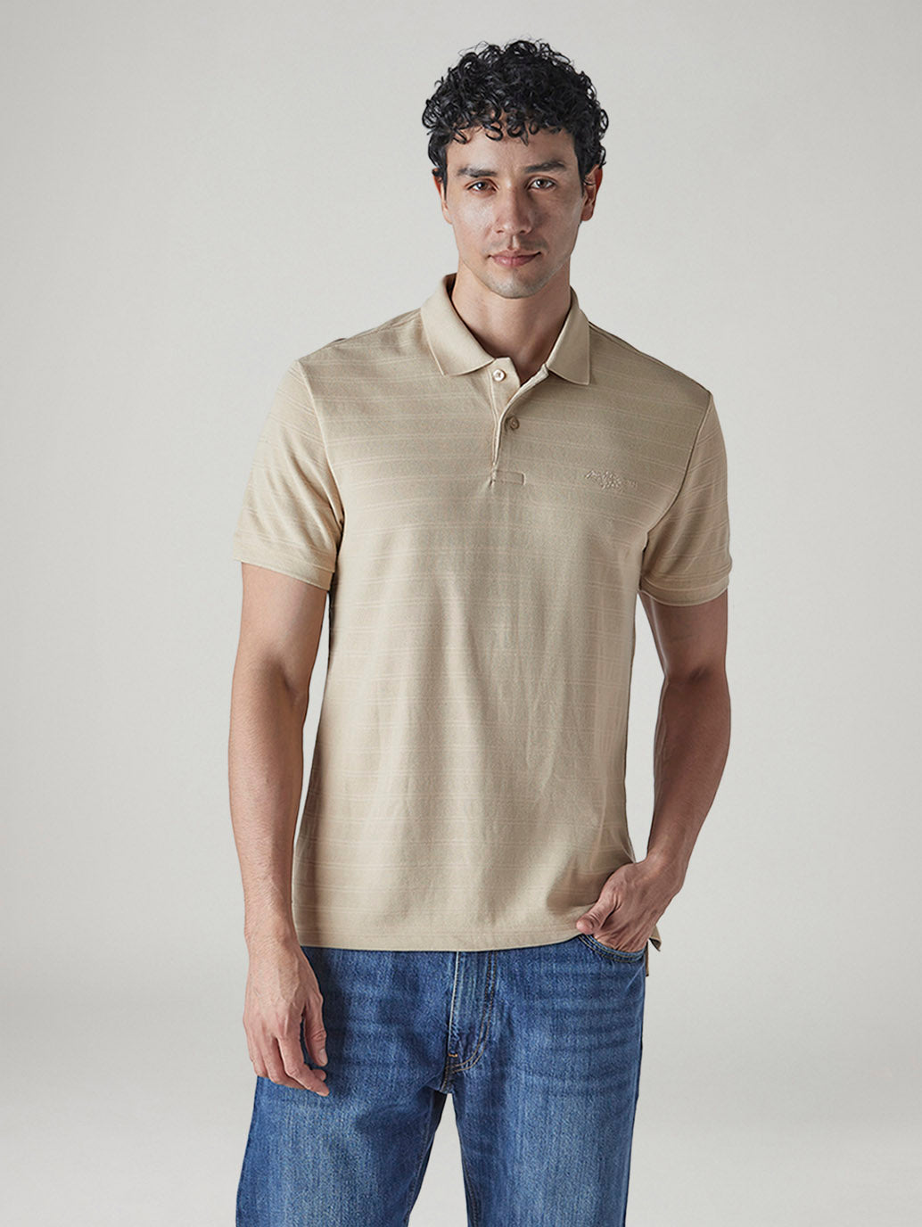 Men's Striped Beige Jersey Polo T-shirt - Front View