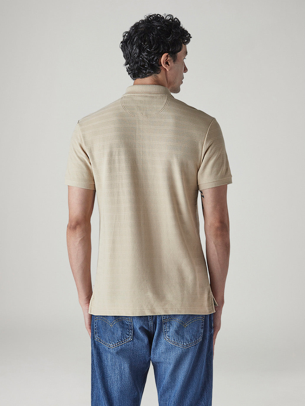 Men's Striped Beige Jersey Polo T-shirt - Back View