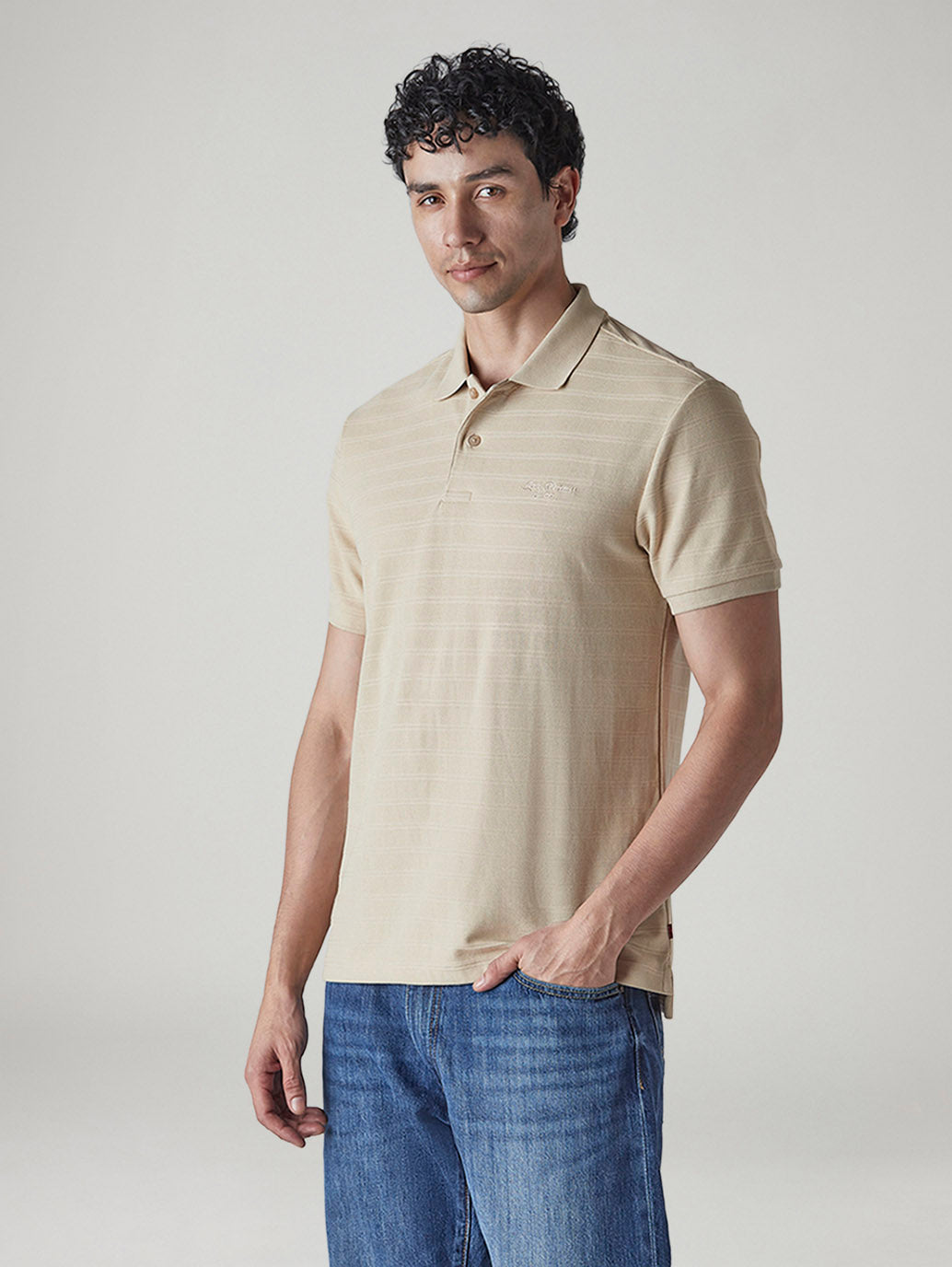 Men's Striped Beige Jersey Polo T-shirt - Side View