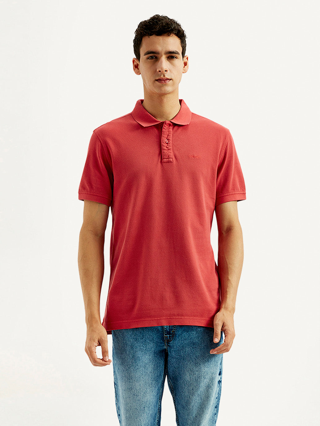 Men's Solid Overdyed Slim Fit Polo T-shirt - Front View