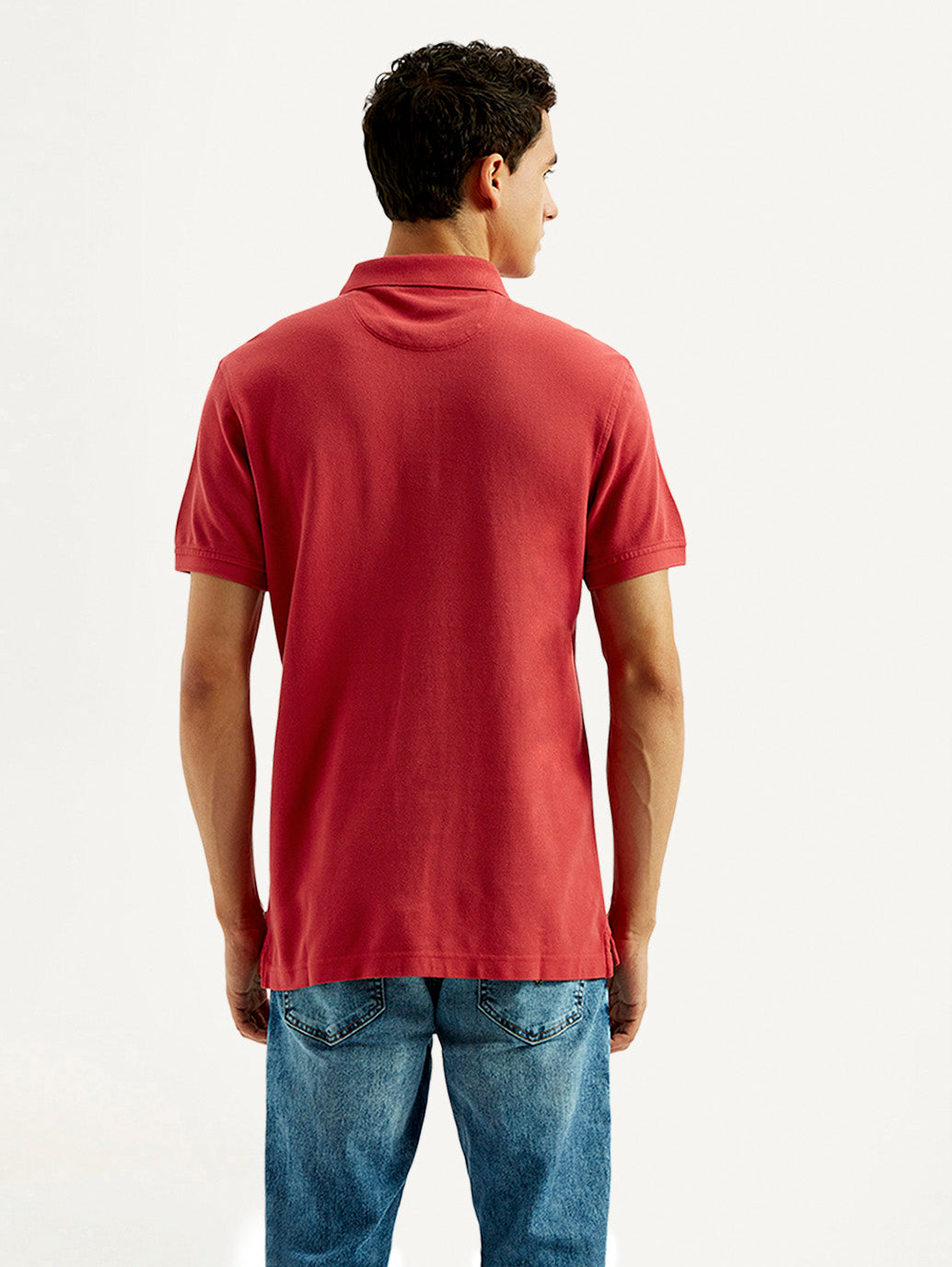 Men's Solid Overdyed Slim Fit Polo T-shirt - Back View