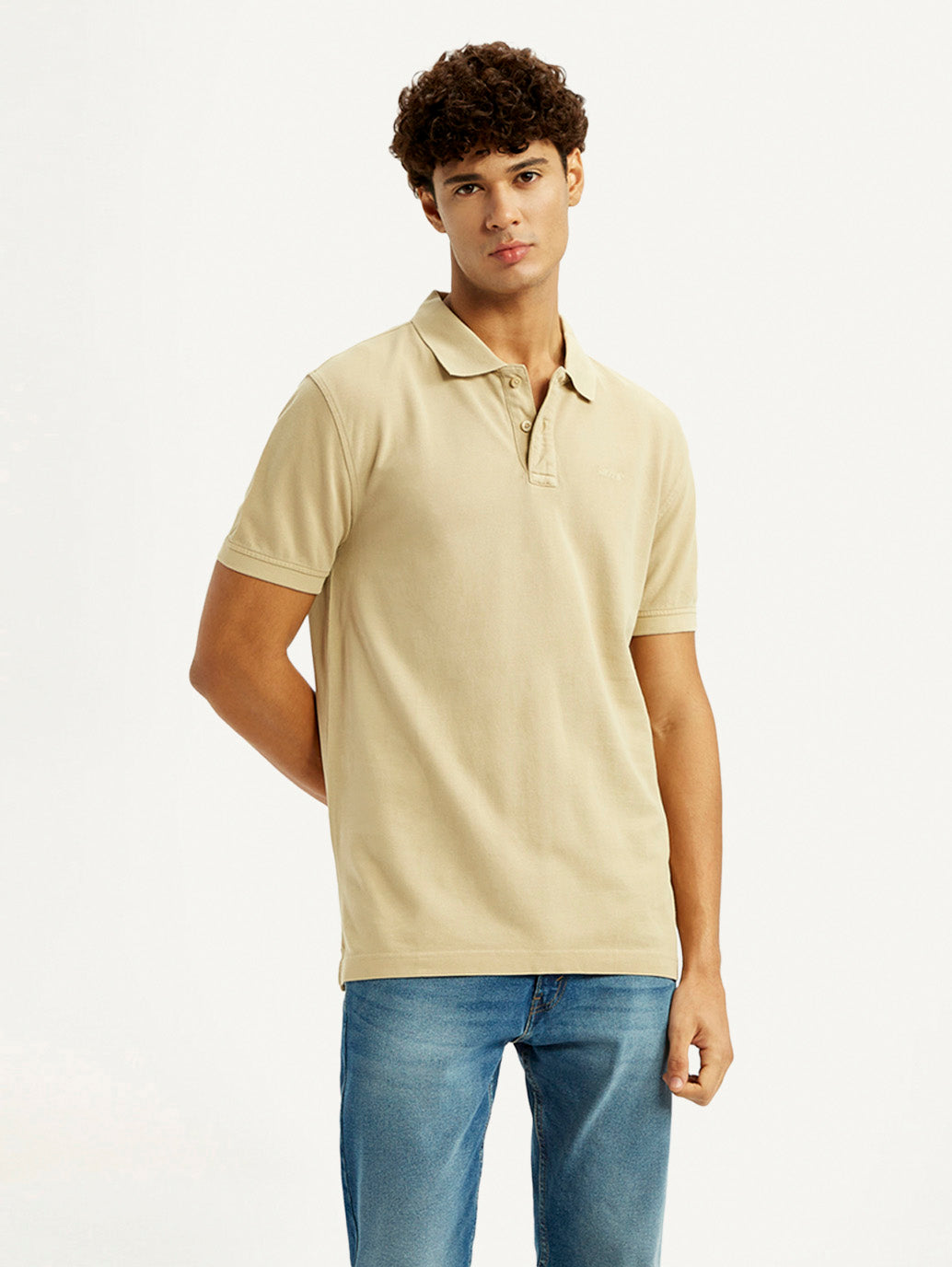 Men's Solid Beige Slim Fit Polo T-shirt - Styleshot View