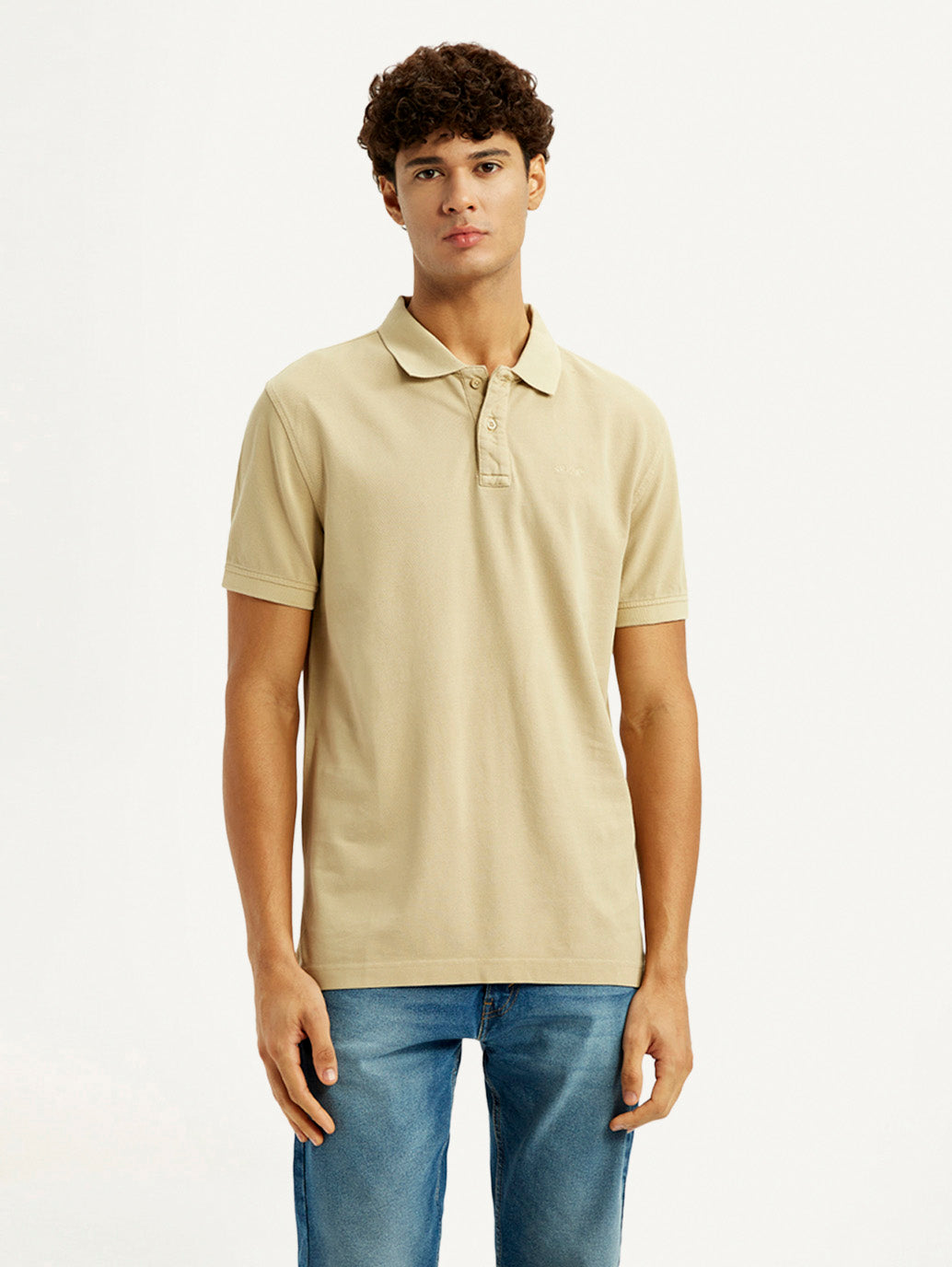 Men's Solid Beige Slim Fit Polo T-shirt - Front View