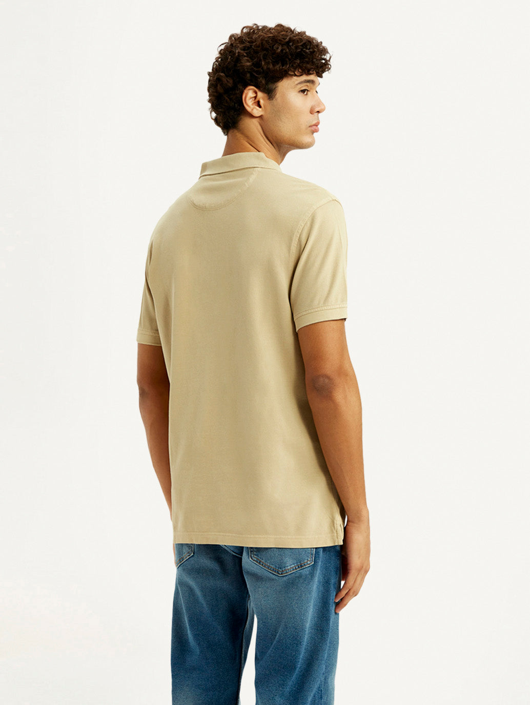 Men's Solid Beige Slim Fit Polo T-shirt - Back View