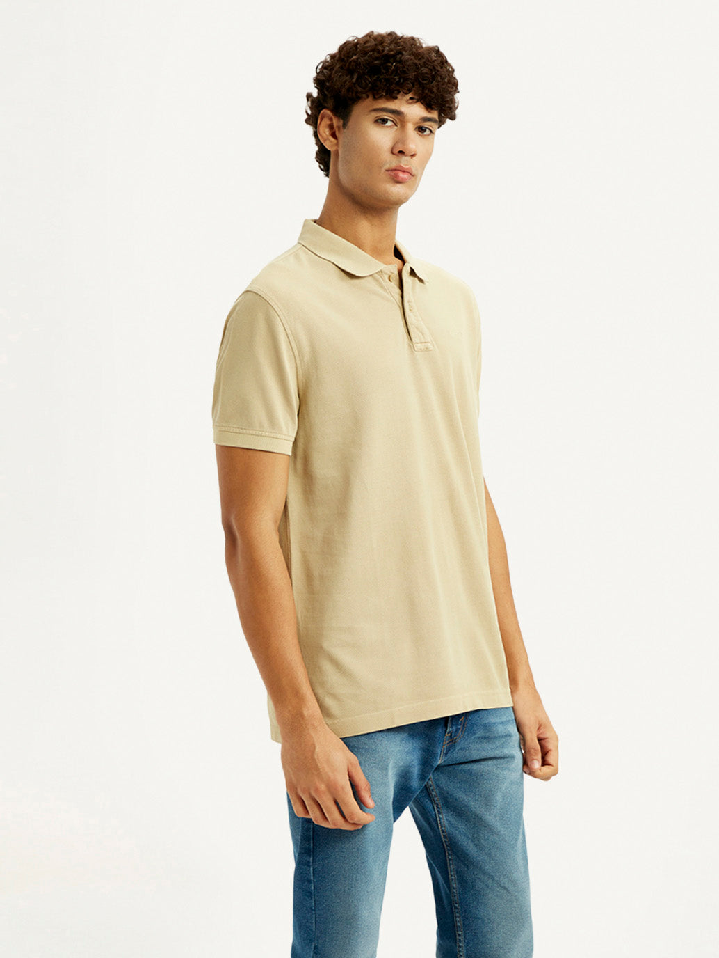 Men's Solid Beige Slim Fit Polo T-shirt - Side View