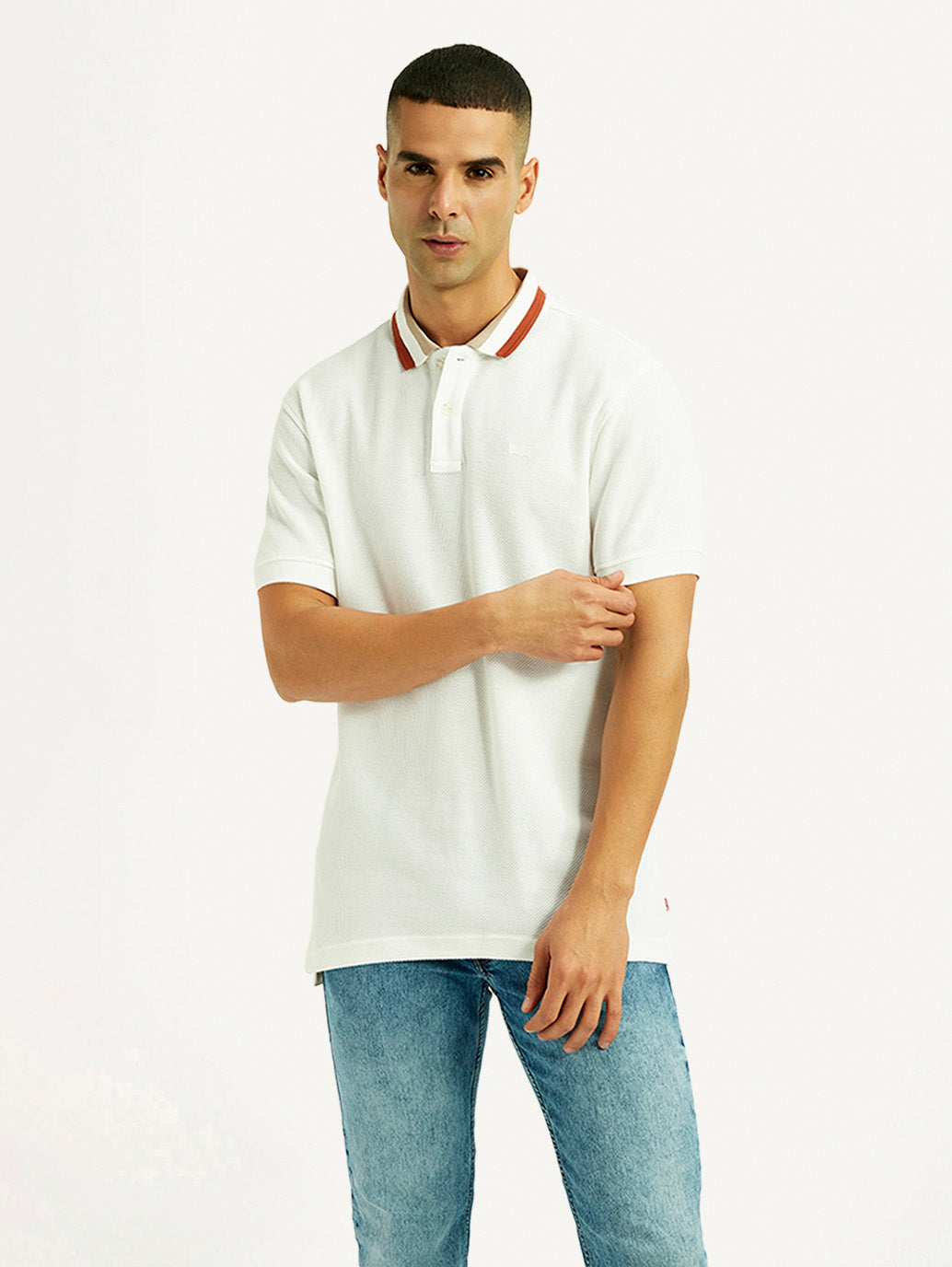 Men's Solid White Slim Fit Polo T-shirt - Front View