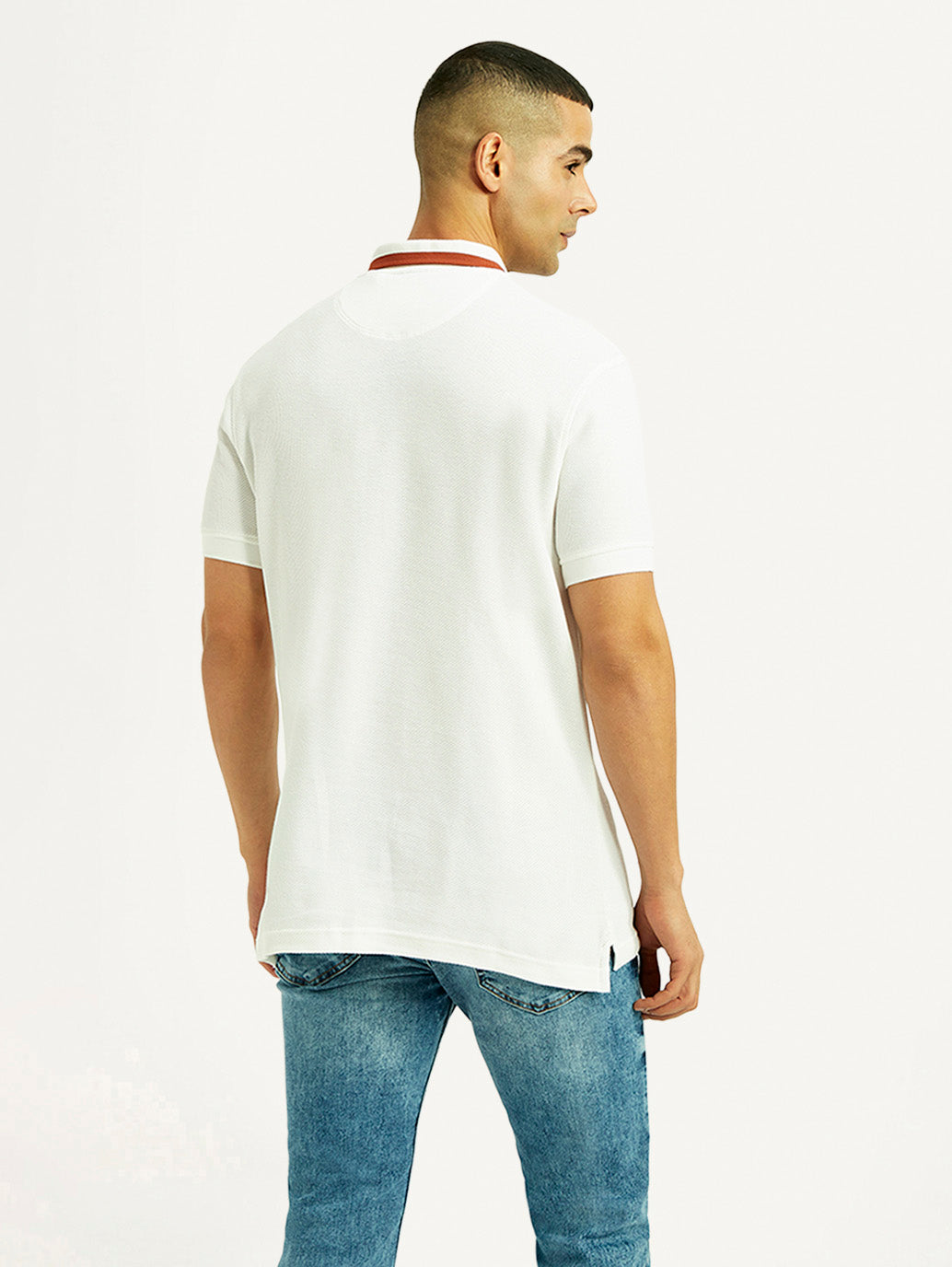 Men's Solid White Slim Fit Polo T-shirt - Back View