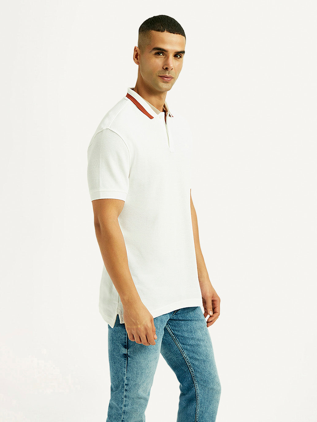 Men's Solid White Slim Fit Polo T-shirt - Side View