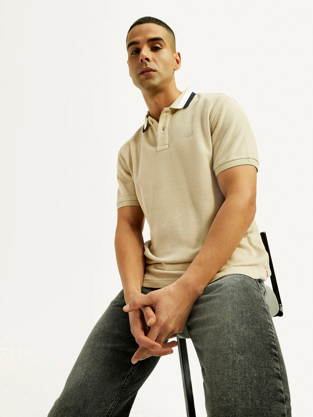 Men's Solid Beige Slim Fit Polo T-shirt