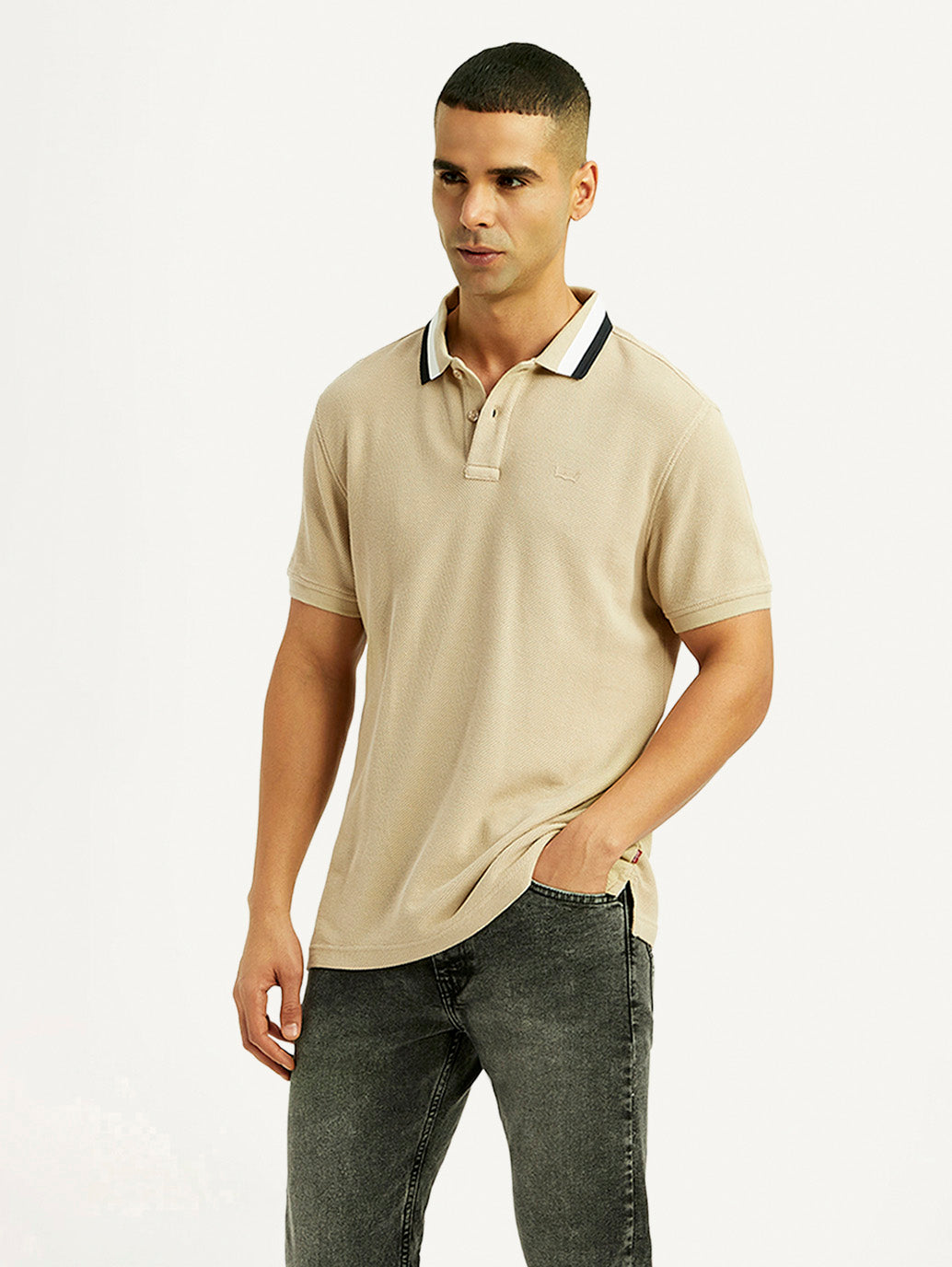 Men's Solid Beige Slim Fit Polo T-shirt - Styleshot View