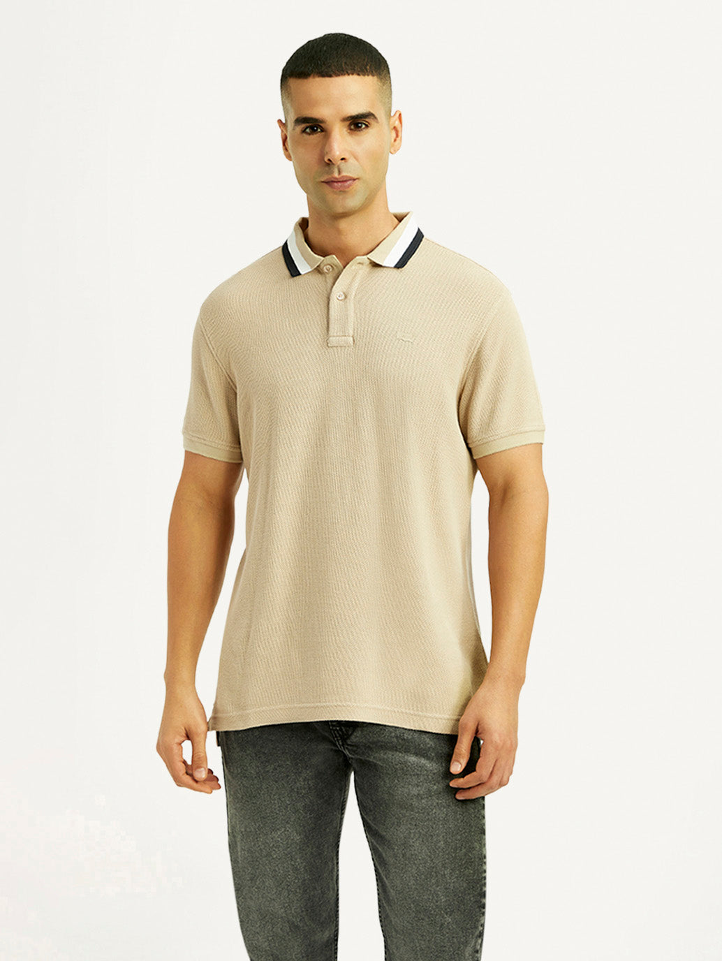 Men's Solid Beige Slim Fit Polo T-shirt - Front View