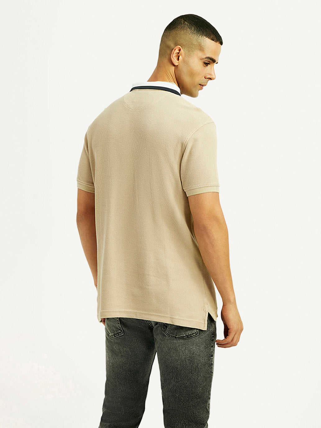 Men's Solid Beige Slim Fit Polo T-shirt - Back View