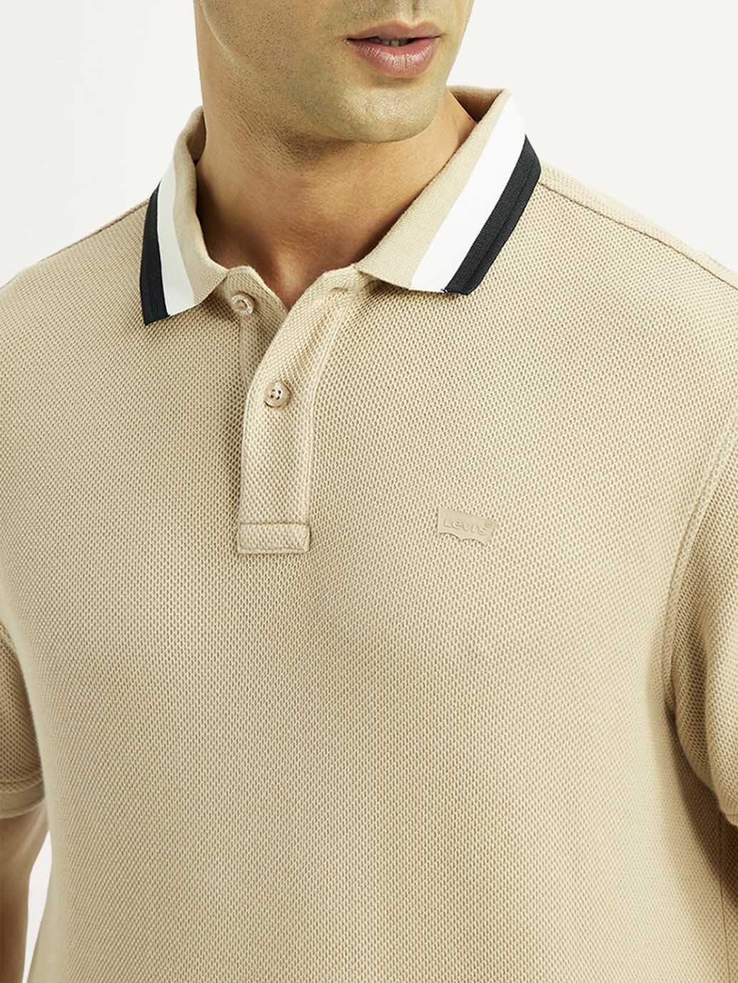 Men's Solid Beige Slim Fit Polo T-shirt - Detail View