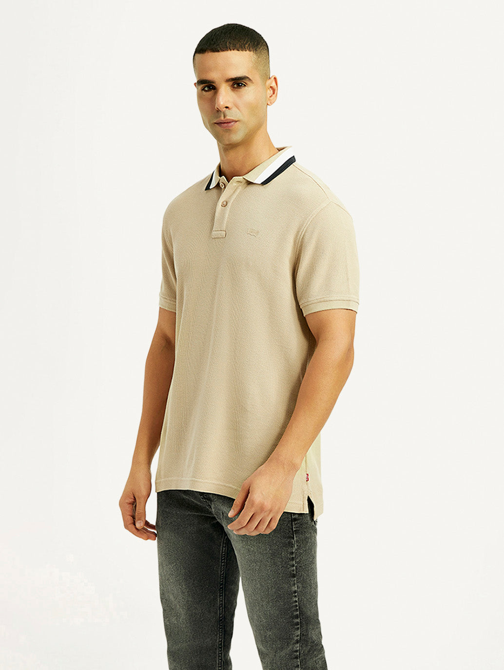 Men's Solid Beige Slim Fit Polo T-shirt - Side View