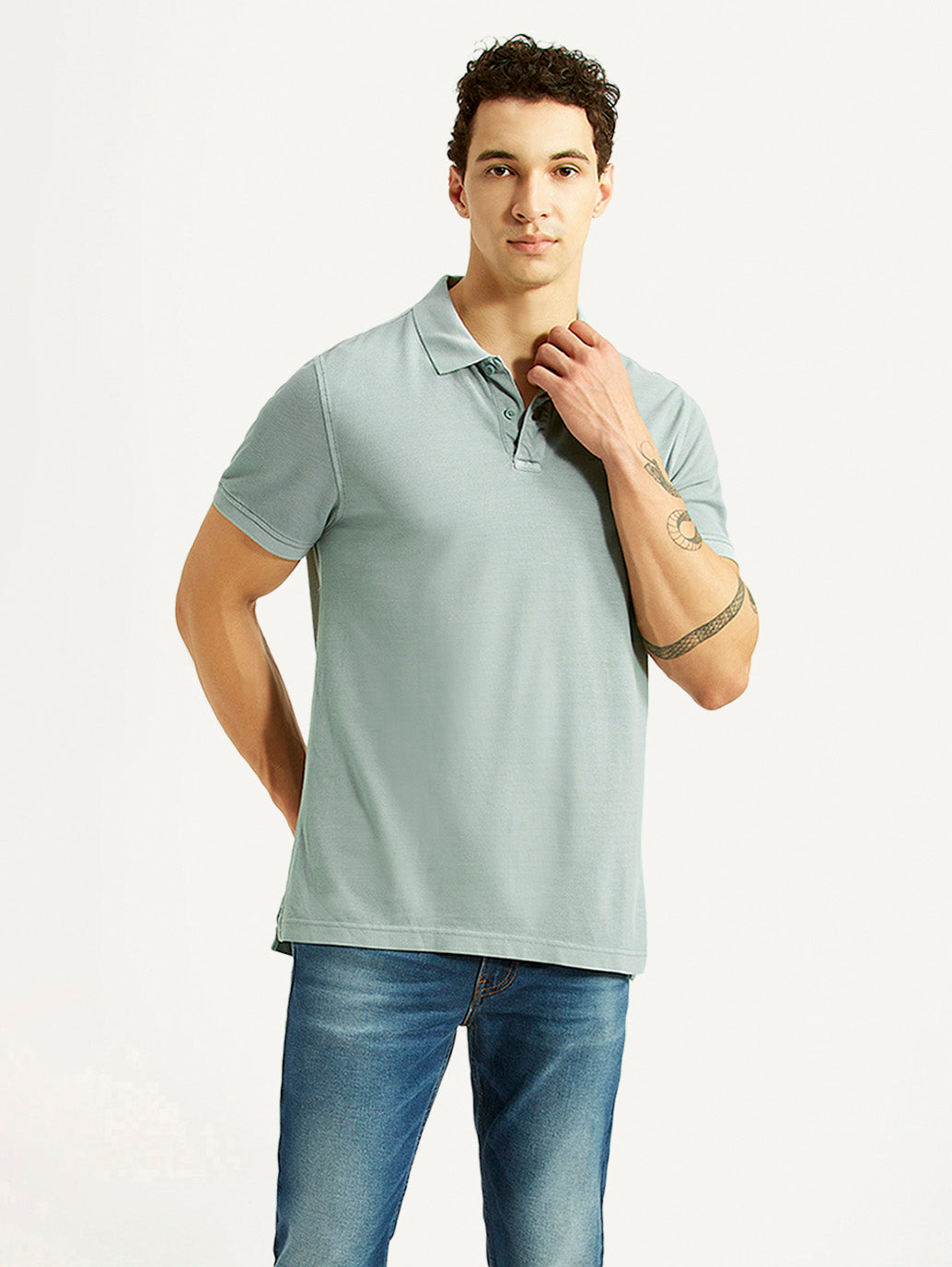 Men's Solid Light Blue Slim Fit Polo T-shirt - Styleshot View