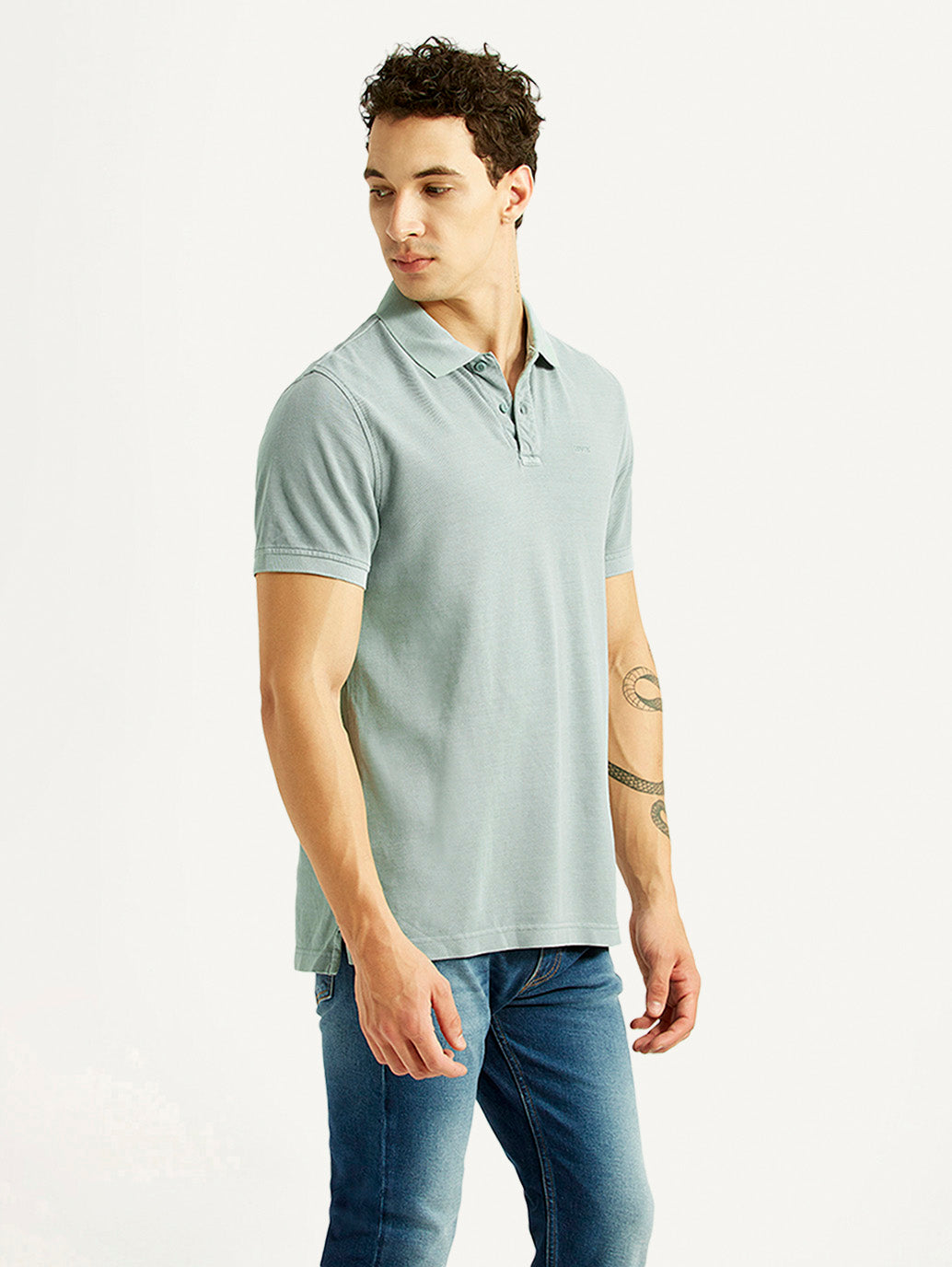 Men's Solid Light Blue Slim Fit Polo T-shirt - Side View