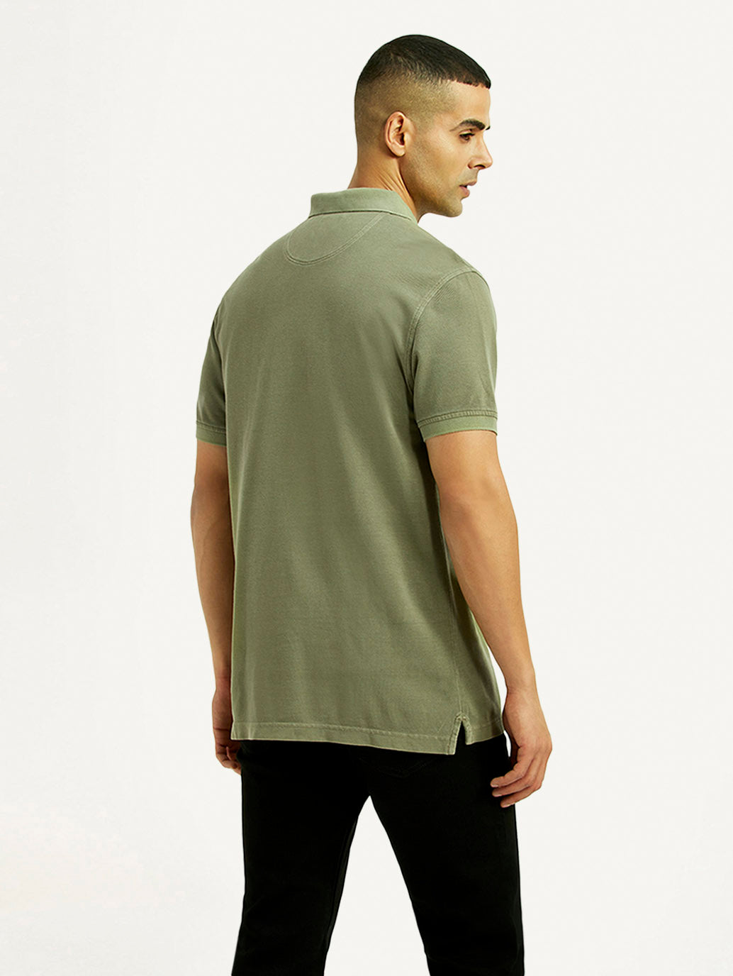 Men's Solid Olive Slim Fit Polo T-shirt - Back View