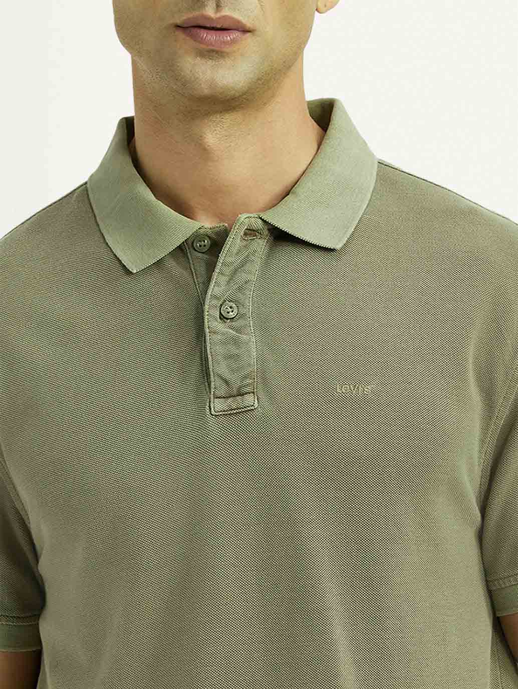 Men's Solid Olive Slim Fit Polo T-shirt - Detail View